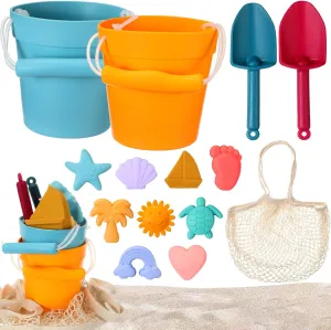 Hungdao 14 Pcs Silicone Beach Toys Travel Beach Set Sand Toys Include 2 Silicone Bucket Pail, 2 Shovel, 9 Sand Molds, 1 Beach Bag for Boys Girls Summer Pool Outdoor Bath Toys (Dark Green, Ginger)