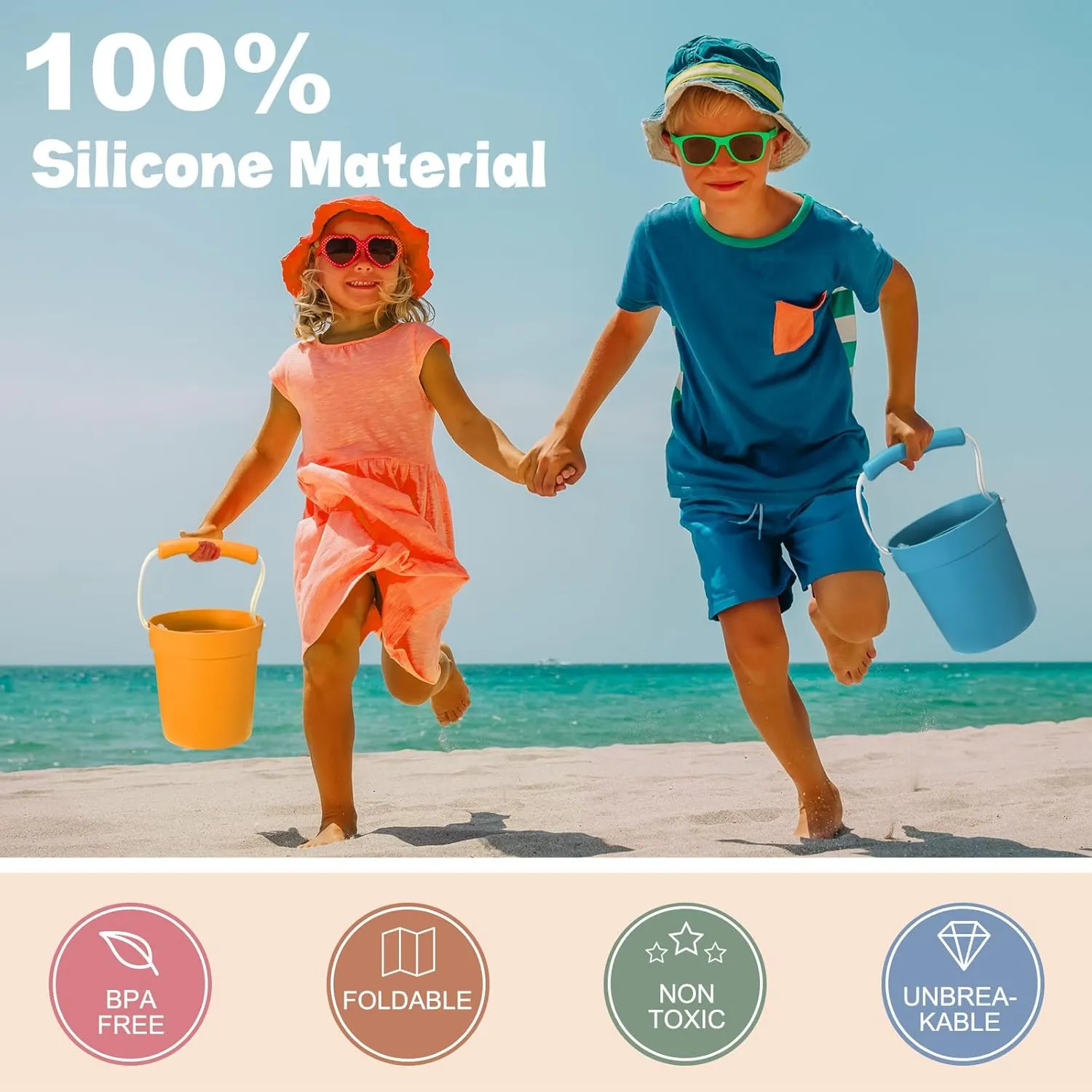 Hungdao 14 Pcs Silicone Beach Toys Travel Beach Set Sand Toys Include 2 Silicone Bucket Pail, 2 Shovel, 9 Sand Molds, 1 Beach Bag for Boys Girls Summer Pool Outdoor Bath Toys (Dark Green, Ginger)