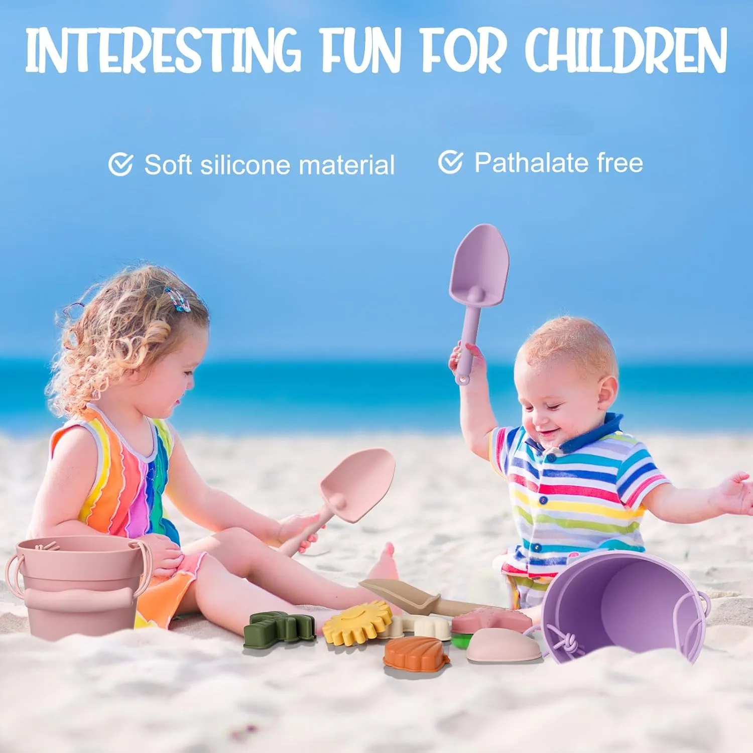 Hungdao 14 Pcs Silicone Beach Toys Travel Beach Set Sand Toys Include 2 Silicone Bucket Pail, 2 Shovel, 9 Sand Molds, 1 Beach Bag for Boys Girls Summer Pool Outdoor Bath Toys (Light Green, Beige)