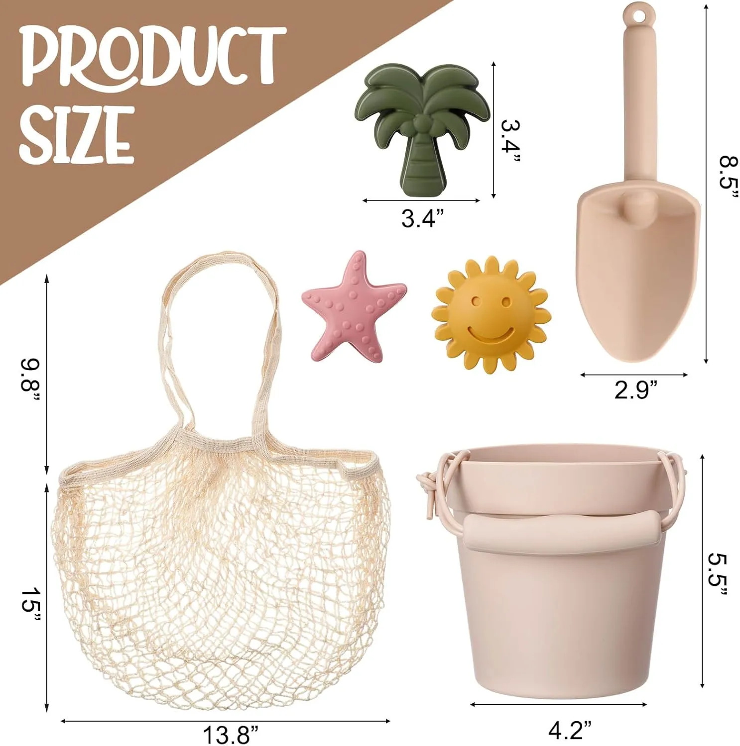 Hungdao 14 Pcs Silicone Beach Toys Travel Beach Set Sand Toys Include 2 Silicone Bucket Pail, 2 Shovel, 9 Sand Molds, 1 Beach Bag for Boys Girls Summer Pool Outdoor Bath Toys (Light Green, Beige)