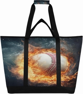 Ice Fire Baseball Reusable Insulated Lunchbox Cooler Bag, Leakproof Kitchen Grocery Bag Collapsible Portable Cooler Tote Bag for Picnic, Camping, Office, Travel
