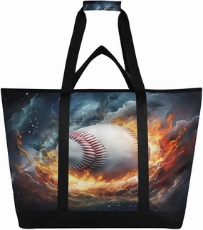 Ice Fire Baseball Reusable Insulated Lunchbox Cooler Bag, Leakproof Kitchen Grocery Bag Collapsible Portable Cooler Tote Bag for Picnic, Camping, Office, Travel