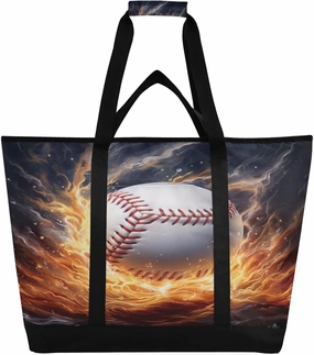 Ice Fire Baseball Reusable Insulated Lunchbox Cooler Bag, Leakproof Kitchen Grocery Bag Collapsible Portable Cooler Tote Bag for Picnic, Camping, Office, Travel