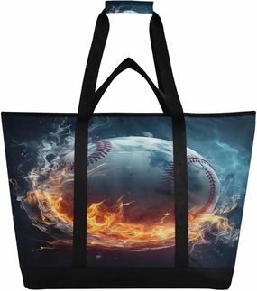 Ice Fire Baseball Reusable Insulated Lunchbox Cooler Bag, Leakproof Kitchen Grocery Bag Collapsible Portable Cooler Tote Bag for Picnic, Camping, Office, Travel
