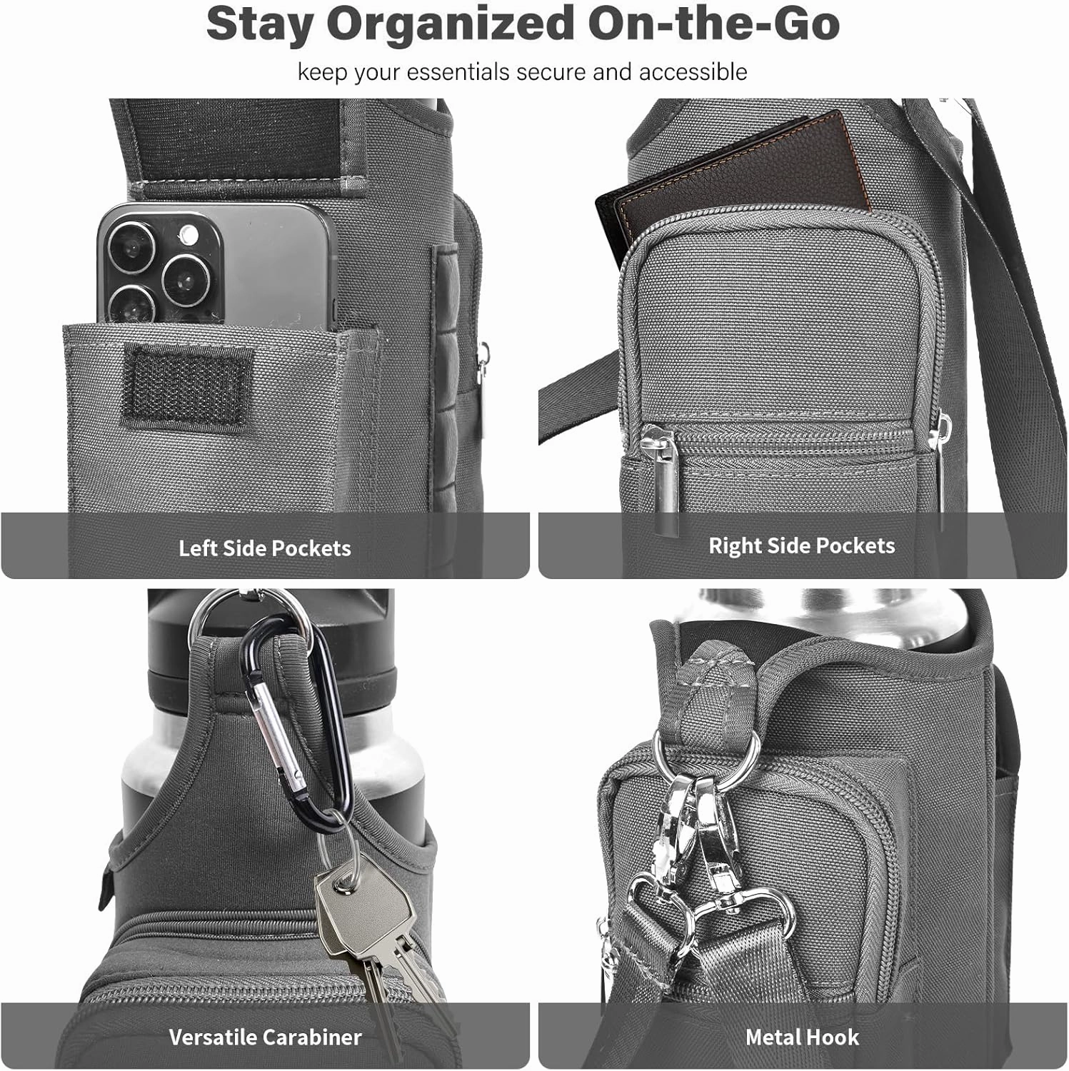 icolor Magnetic Gym Bag Water Bottle Carrier Holder with Phone Pockets & Shoulder Strap,5 Built-in Magnets Gym Bottle Pouch Sleeve,Magnetic Bag Gym Accessories Organizer for Men Women