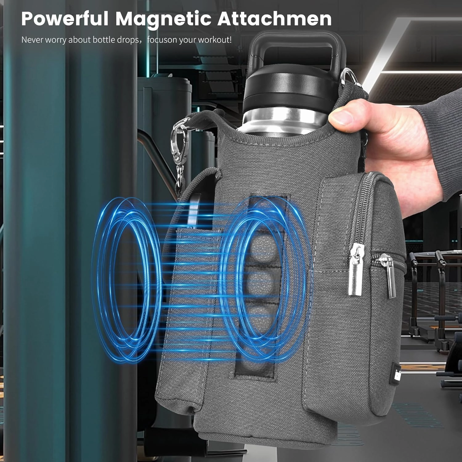 icolor Magnetic Gym Bag Water Bottle Carrier Holder with Phone Pockets & Shoulder Strap,5 Built-in Magnets Gym Bottle Pouch Sleeve,Magnetic Bag Gym Accessories Organizer for Men Women
