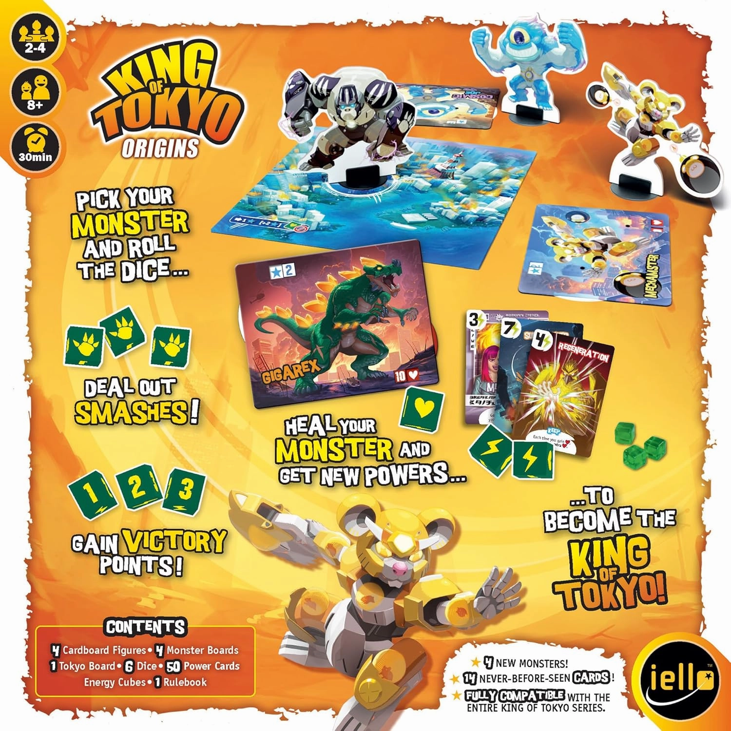IELLO: King of Tokyo: Origins - Family-Friendly Dice & Strategy Board Game, Battling Monsters-Robots-Aliens, 4 New Monsters, Ages 8 , 2-4 Players