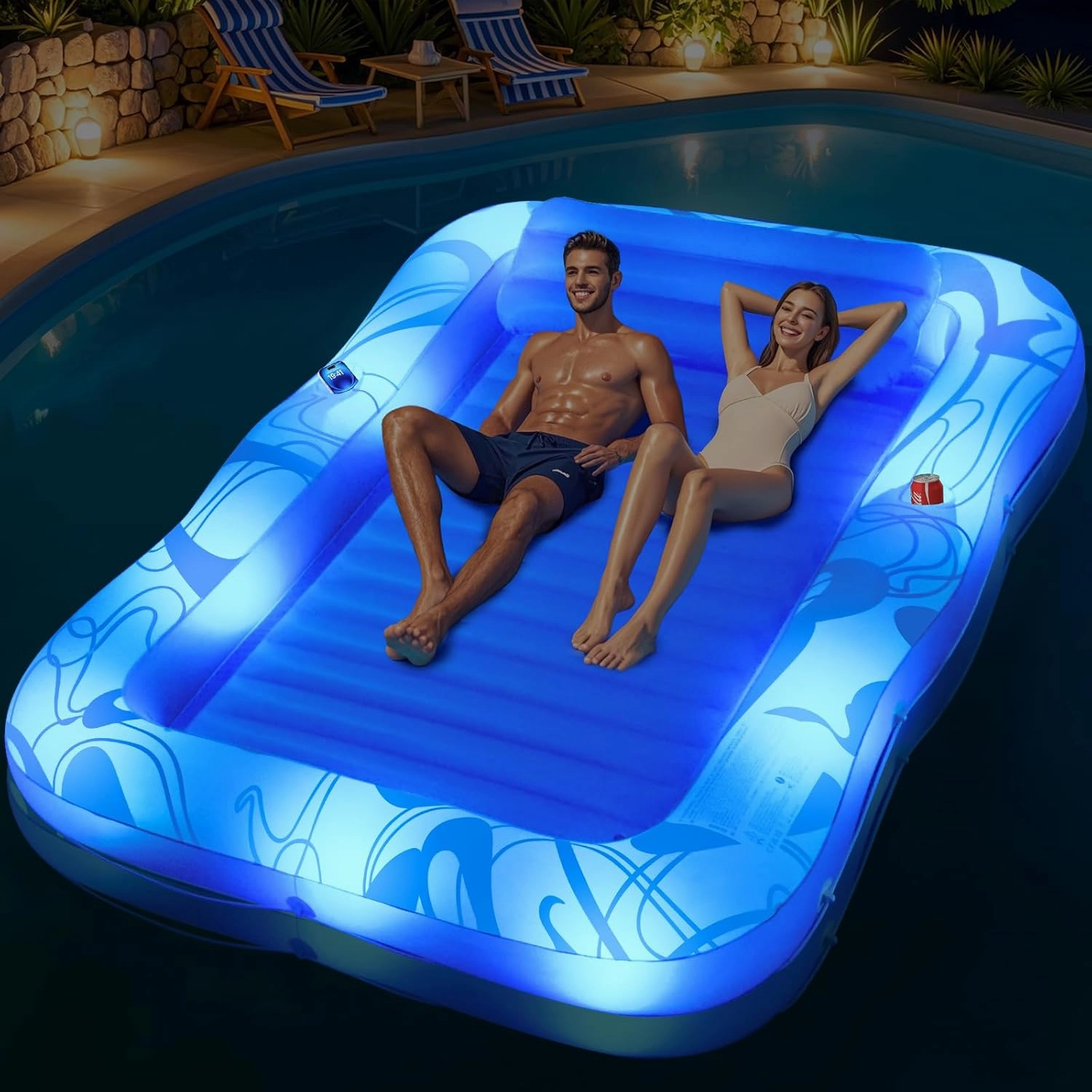Inflatable Tanning Pool Lounger with Lights,81"x 60" Large Tanning Floats for Adults,2025 Swirls Pool Lounger Float,Blow Up Tanning Water Bed with Cup&Phone Holder,Adults Tanning Pools for Backyard