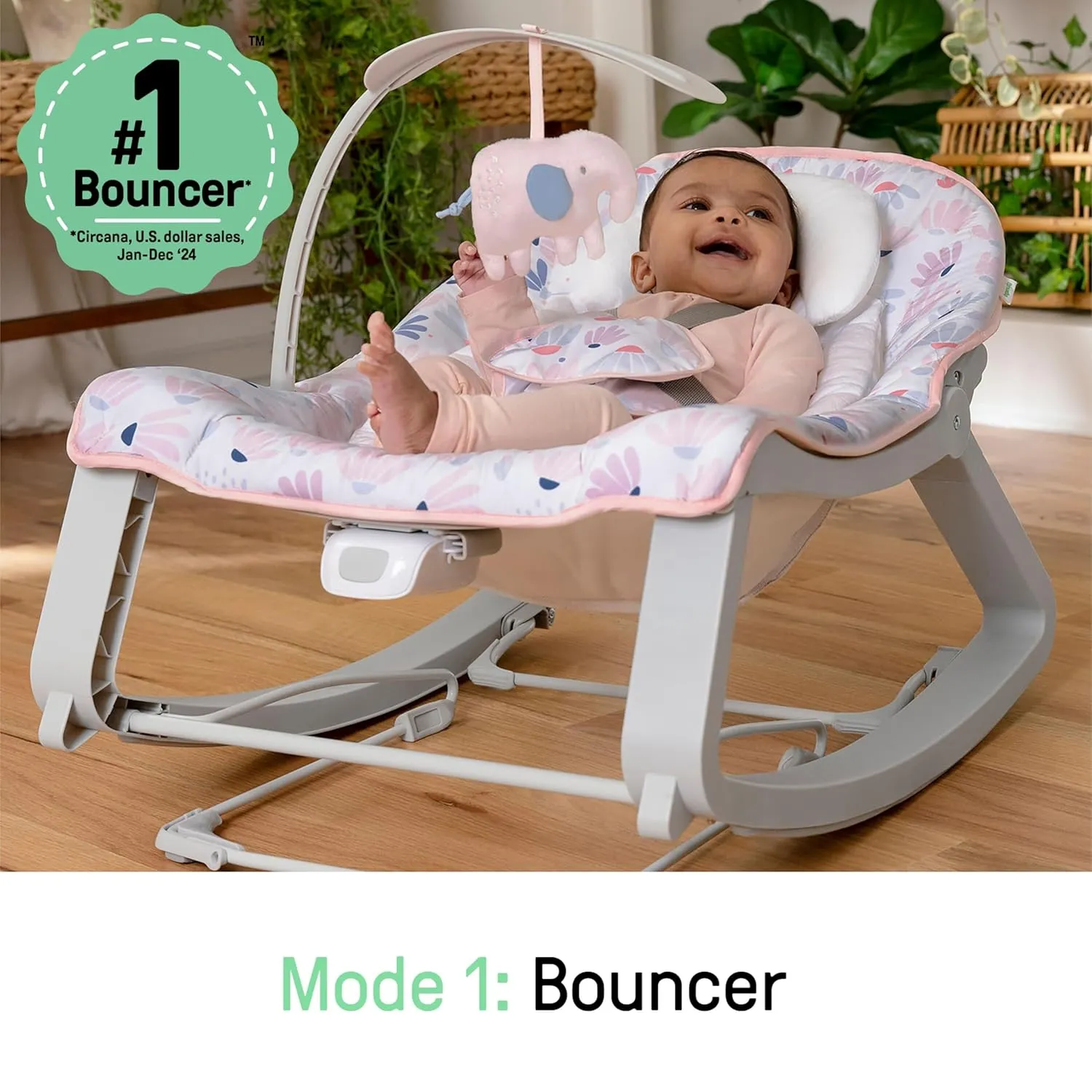 Ingenuity Keep Cozy 3-in-1 Grow with Me Vibrating Baby Bouncer Seat & Infant to Toddler Rocker, Vibrations & -Toy Bar, 0-30 Months Up to 40 lbs (Pink Burst)