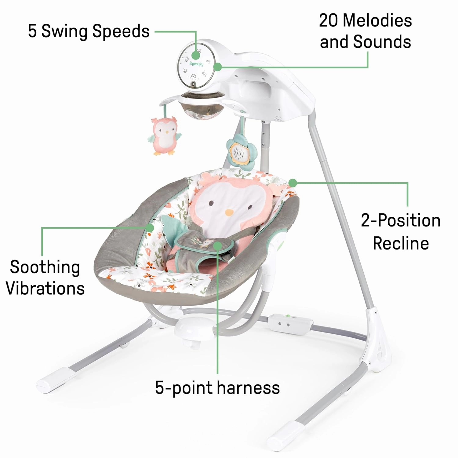 Ingenuity InLighten 5-Speed Baby Swing - Swivel Infant Seat, 5 Point Safety Harness, Nature Sounds, Lights - Nally Owl