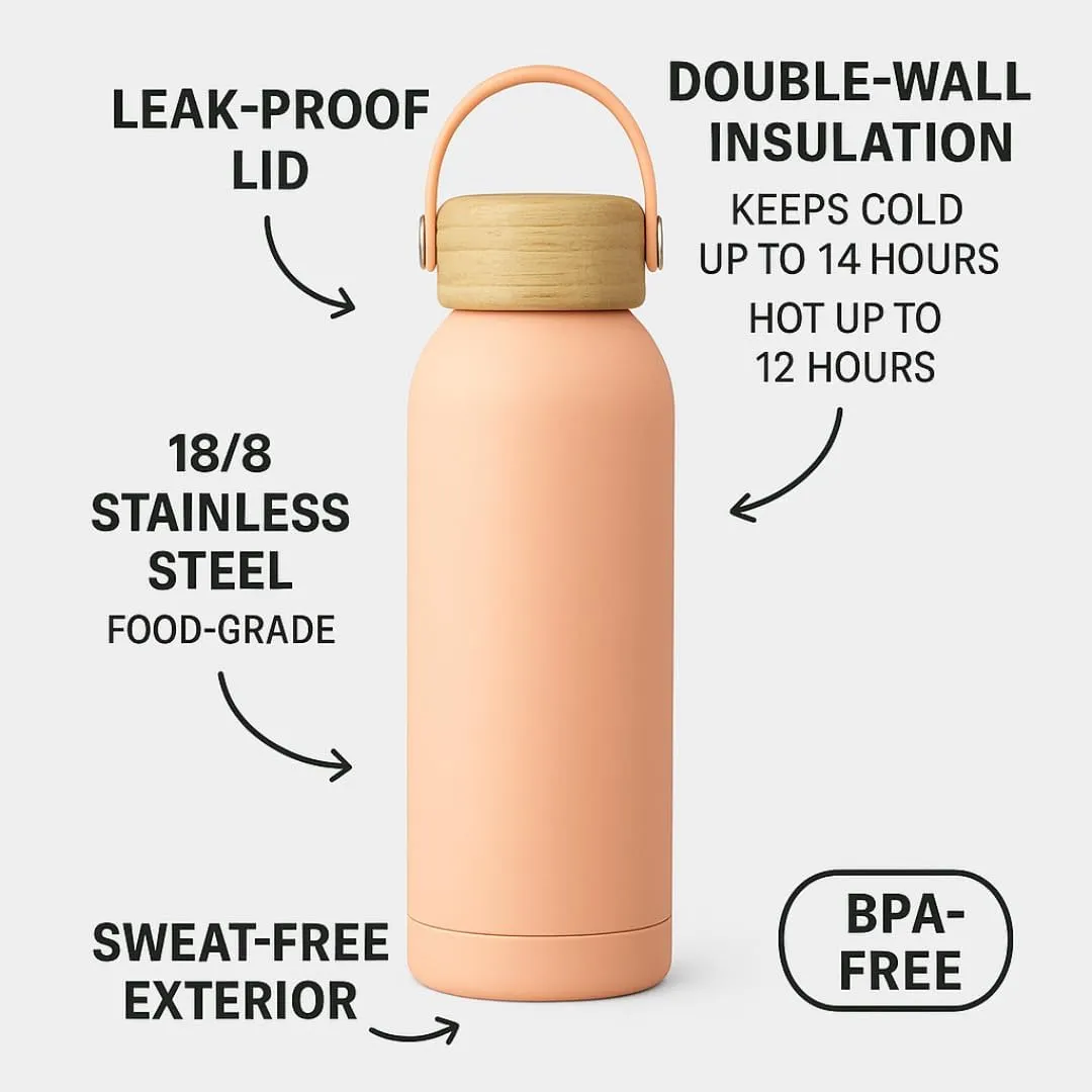Insulated Stainless Steel Thermos Flask 17oz / 25oz Leakproof Reusable Water Bottle with Bamboo Lid, BPA-Free Hot & Cold Drink Container for Travel, Gym, Office, Sports (Peach, 17 Ounces)
