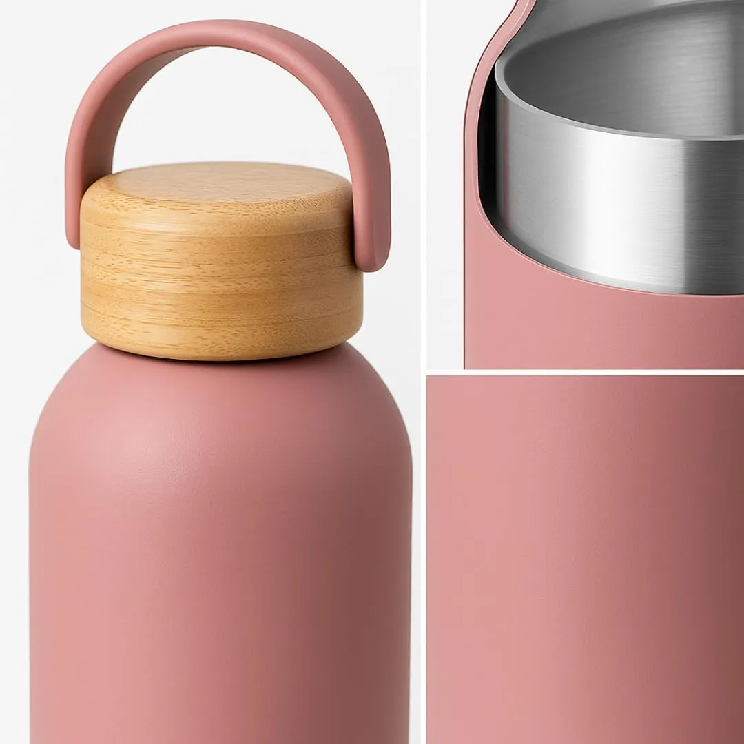 Insulated Stainless Steel Thermos Flask 17oz / 25oz Leakproof Reusable Water Bottle with Bamboo Lid, BPA-Free Hot & Cold Drink Container for Travel, Gym, Office, Sports (Peach, 17 Ounces)