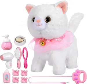 Interactive Kids Toy: Touch & Voice Controlled Remote Control Cat, Lifelike Walking, Meows & Wags Tail, Ages 3-7 (White)