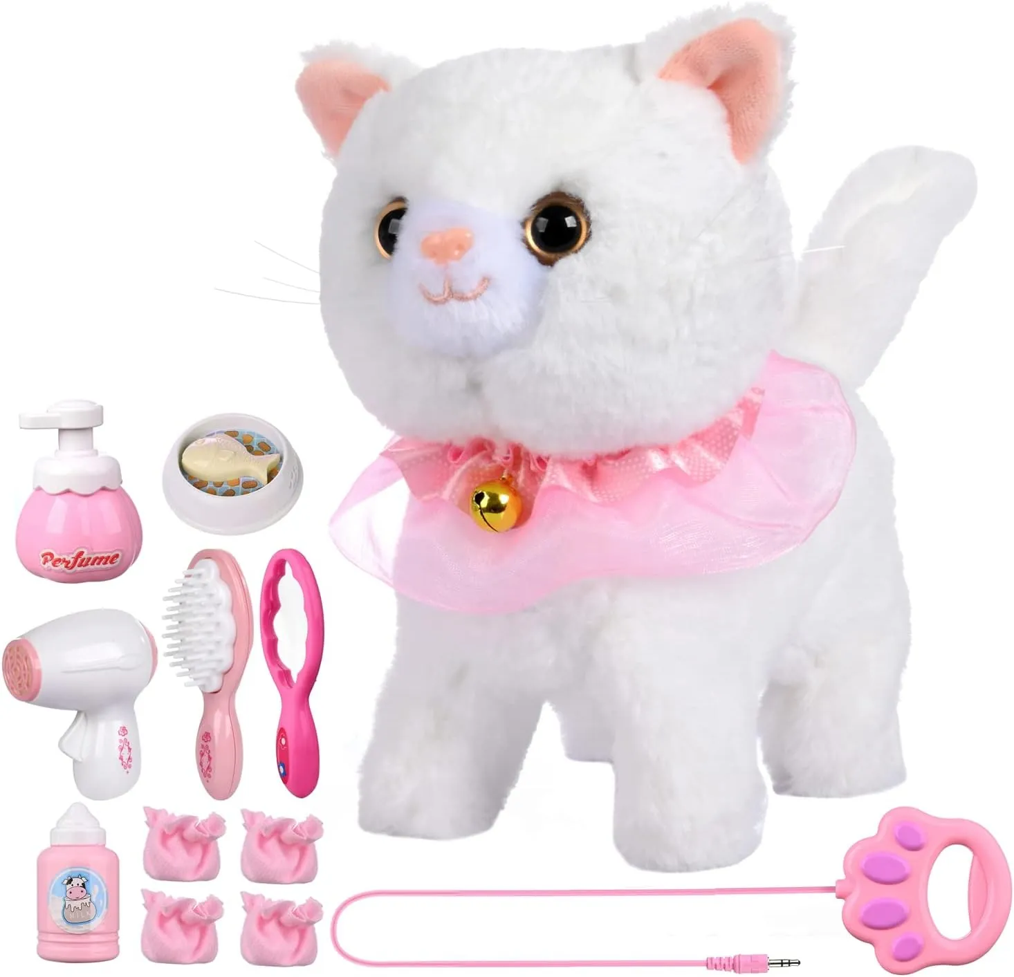Interactive Kids Toy: Touch & Voice Controlled Remote Control Cat, Lifelike Walking, Meows & Wags Tail, Ages 3-7 (White)