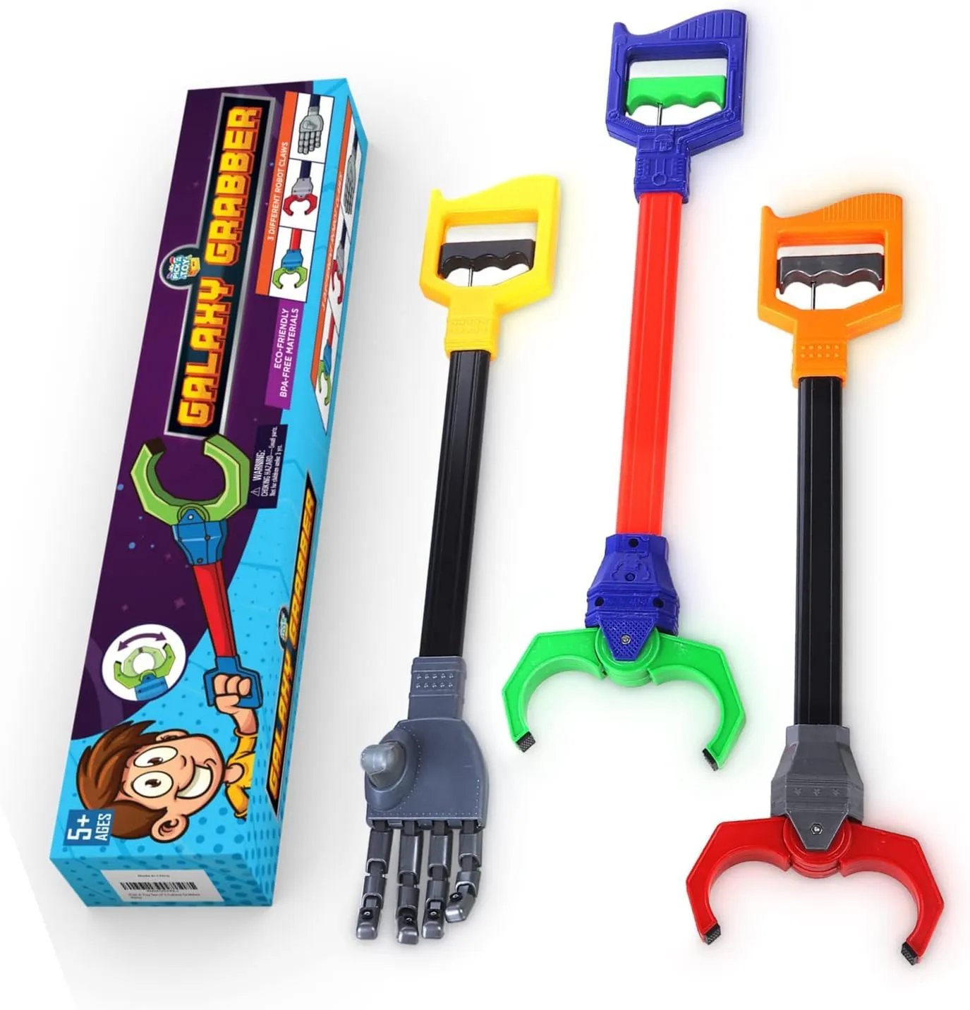 Interactive Toy Grabber, Robot Hand and Robotic Claw, 3 Pc Set, Fun Early Learning and Hand-Eye Coordination Play, Long 18 Inch Arm, Strong Grasping Tool