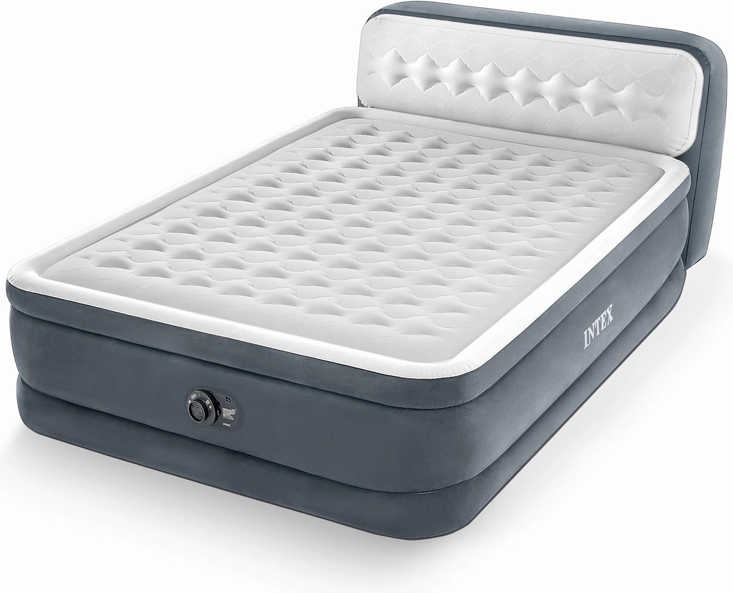 Intex 64447ED Dura-Beam Deluxe Ultra Plush Air Mattress with Headboard: Fiber-Tech – Queen Size – Built-in Electric Pump – 18in Bed Height – 600lb Weight Capacity