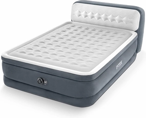 Intex 64447ED Dura-Beam Deluxe Ultra Plush Air Mattress with Headboard: Fiber-Tech – Queen Size – Built-in Electric Pump – 18in Bed Height – 600lb Weight Capacity