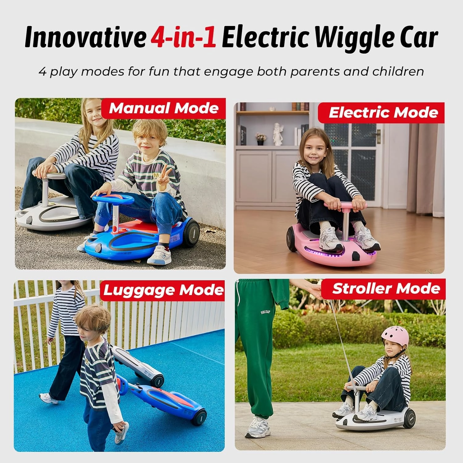 iScooter 21.6V TC3 Electric Wiggle Car, 4 in 1 Wiggle Car Ride on Toy, Lithium Rechargeable Battery, 3 Speed, Anti-Rollover,100  Lights Modes, Bluetooth, Wiggle Car for Ages 3  with Pull Rope (Blue)