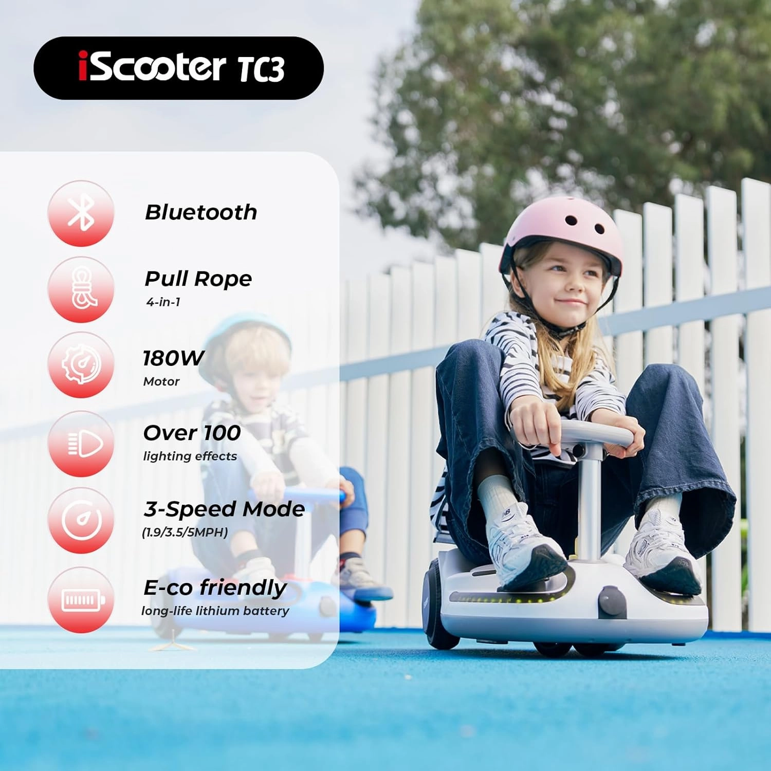 iScooter 21.6V TC3 Electric Wiggle Car, 4 in 1 Wiggle Car Ride on Toy, Lithium Rechargeable Battery, 3 Speed, Anti-Rollover,100  Lights Modes, Bluetooth, Wiggle Car for Ages 3  with Pull Rope (Blue)