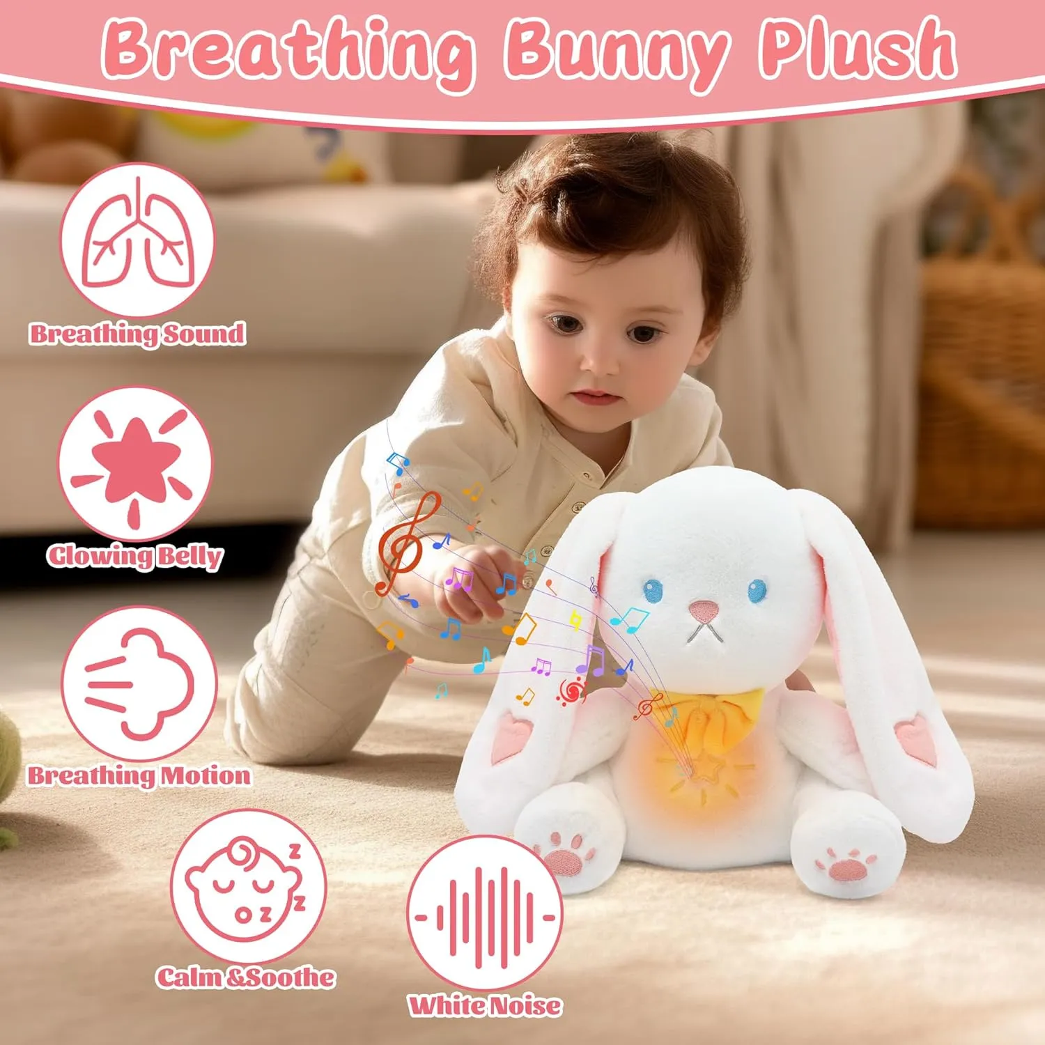 IUTOYYE Breathing Bunny Stuffed Animal, Baby Sleep Soothers Sleep Aid Plush Toy with White Noise Soothing Calming Sound Timer Playback Music Lights Motion Baptism Easter Gifts for Kids Adult