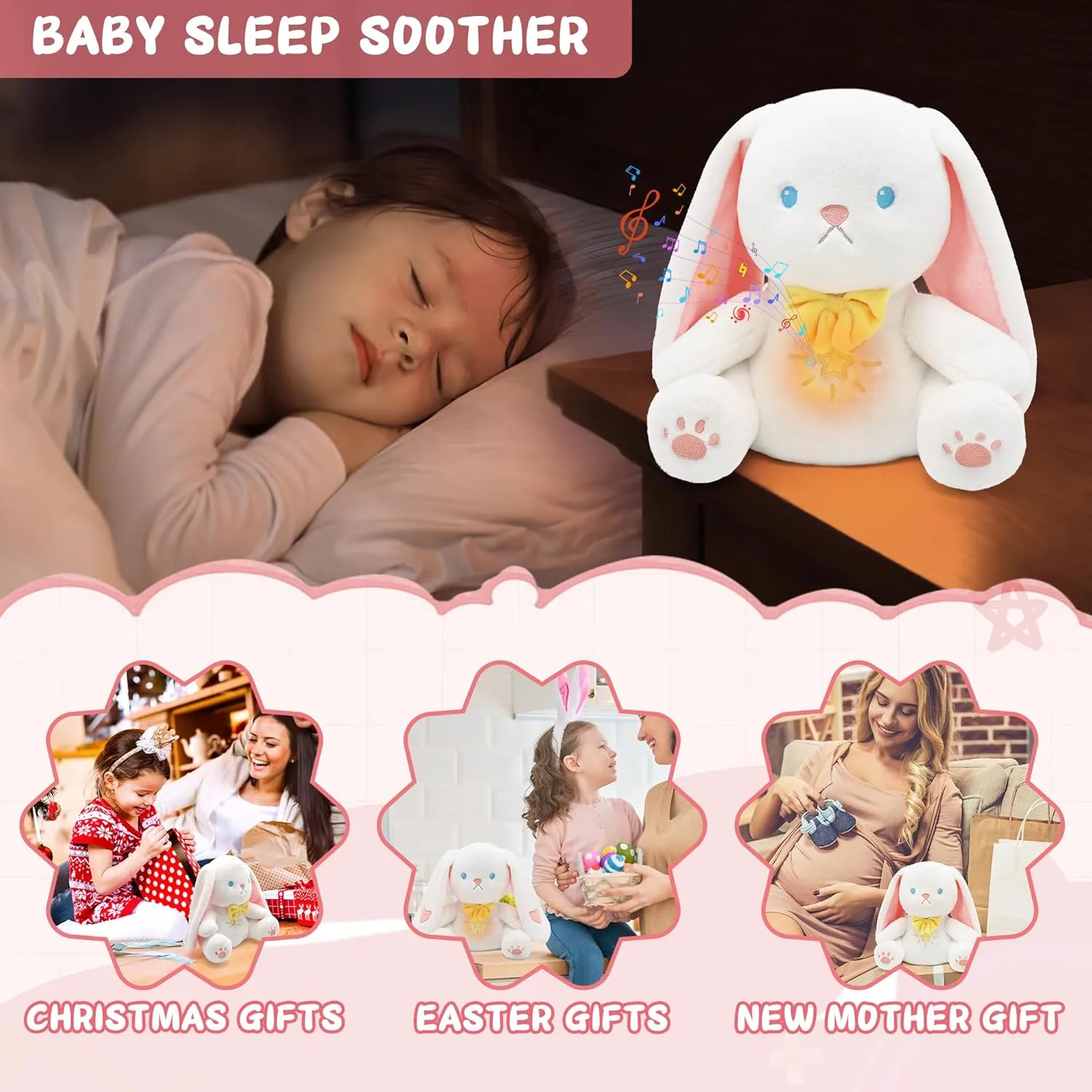 IUTOYYE Breathing Bunny Stuffed Animal, Baby Sleep Soothers Sleep Aid Plush Toy with White Noise Soothing Calming Sound Timer Playback Music Lights Motion Baptism Easter Gifts for Kids Adult