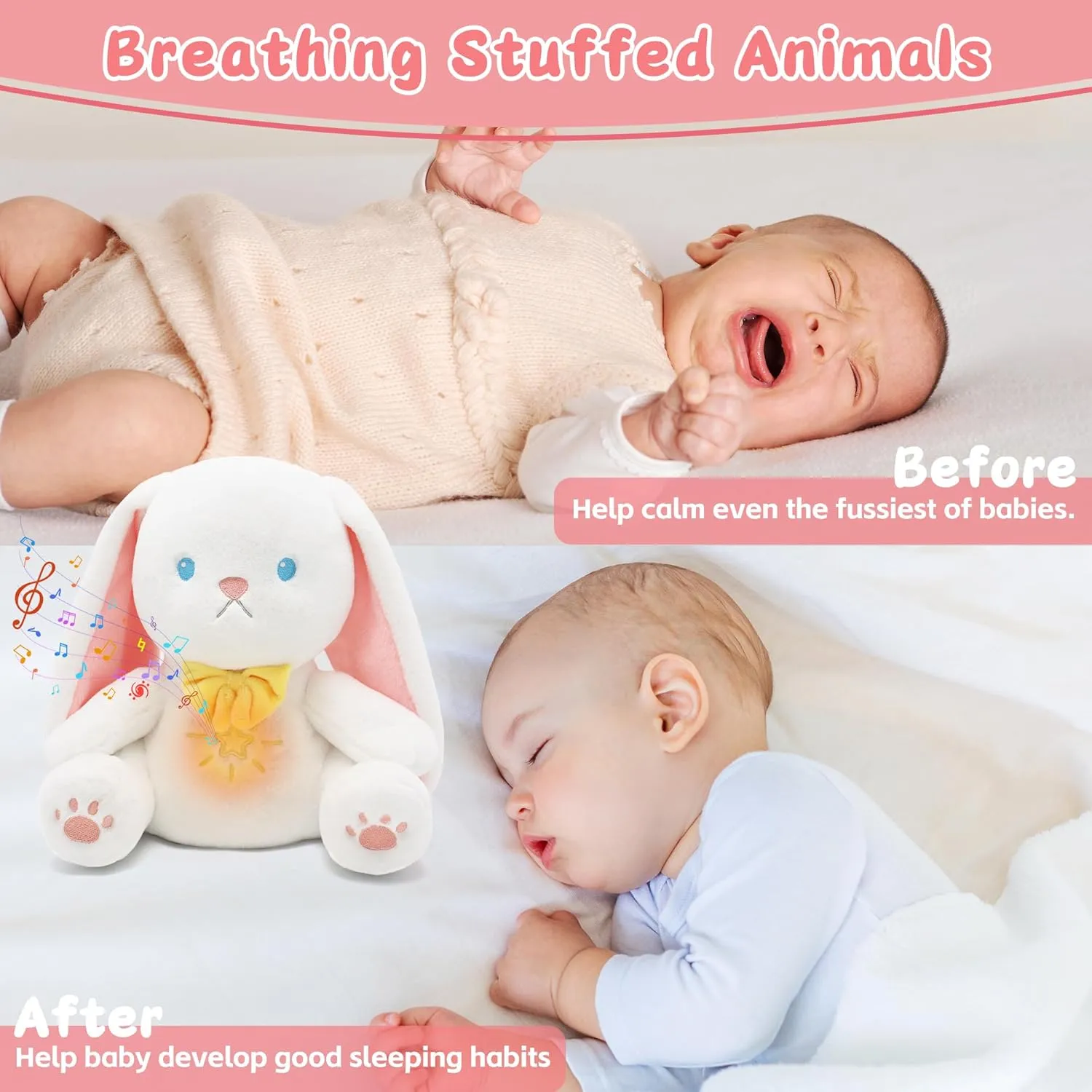 IUTOYYE Breathing Bunny Stuffed Animal, Baby Sleep Soothers Sleep Aid Plush Toy with White Noise Soothing Calming Sound Timer Playback Music Lights Motion Baptism Easter Gifts for Kids Adult