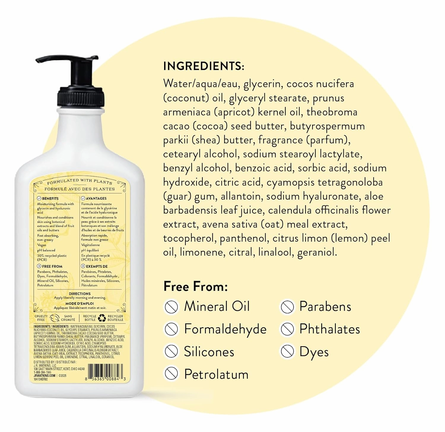 J.R. Watkins Daily Moisturizing Body Lotion, Lemon Cream, 18 fl oz, 2 Pack