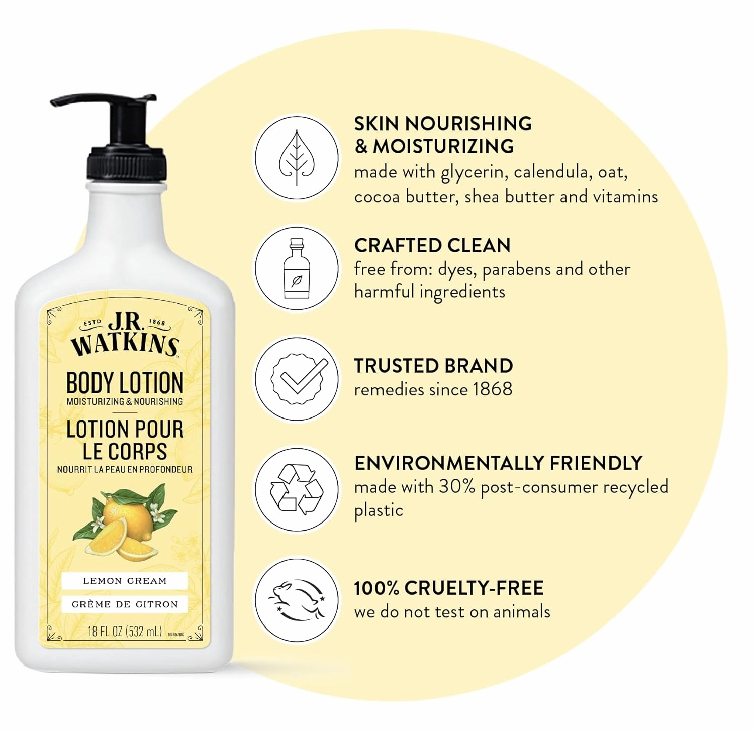 J.R. Watkins Daily Moisturizing Body Lotion, Lemon Cream, 18 fl oz, 2 Pack
