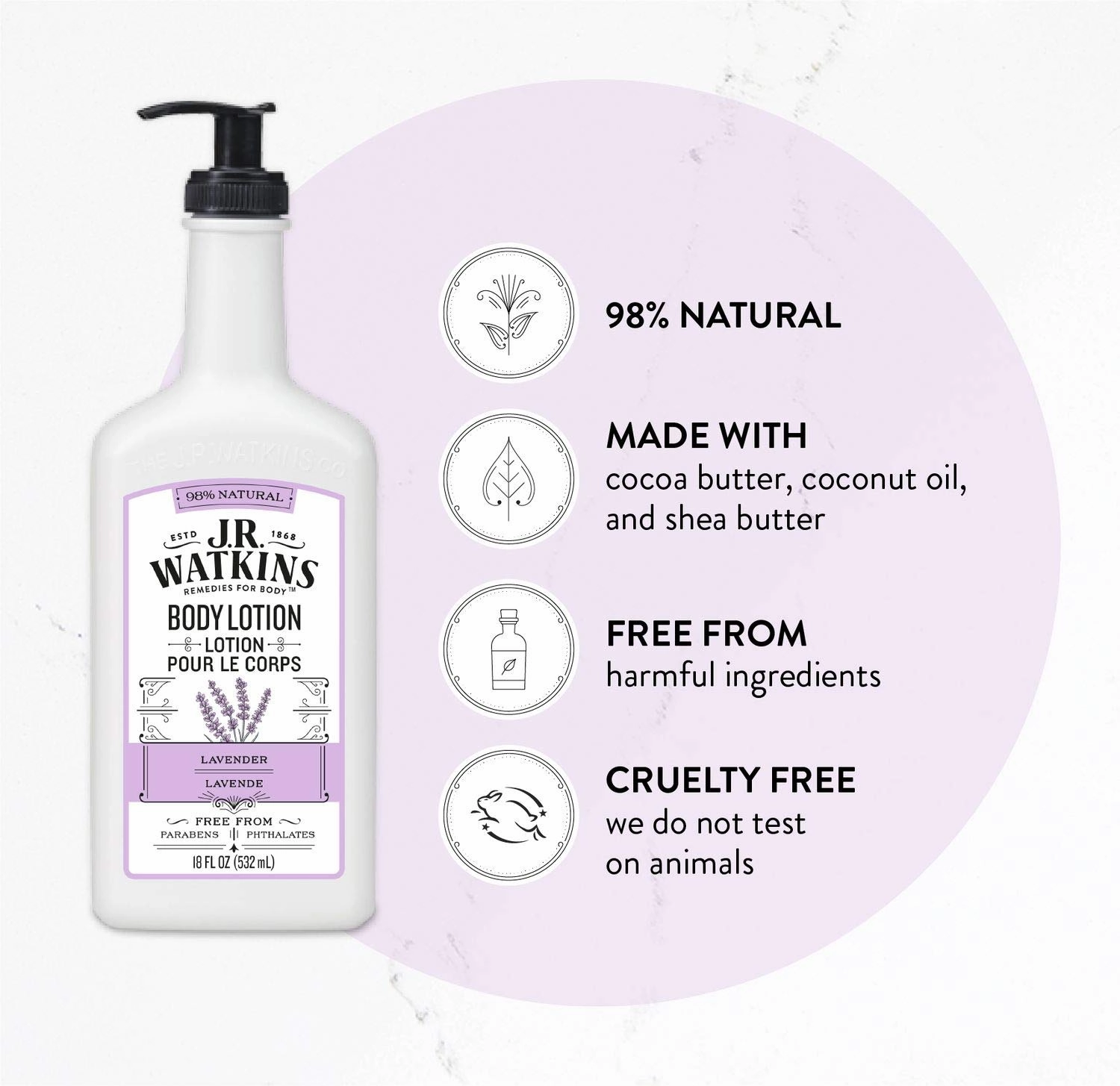 J.R. Watkins Daily Moisturizing Lotion – Body Cream in Pump Dispenser – Hydrating Skin Cream Made with Shea Butter, Cocoa Butter, Coconut Oil & Vitamin E, Lavender, 18 fl oz