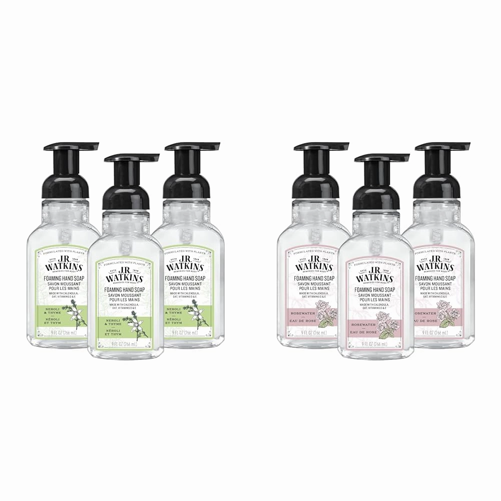 J.R. Watkins Foaming Hand Soap, Moisturizing Foam Hand Wash, All Natural, Alcohol-Free, Cruelty-Free, USA Made, Neroli & Thyme, 9 fl oz, 3 Pack and Rosewater, 9 fl oz, 3 Pack