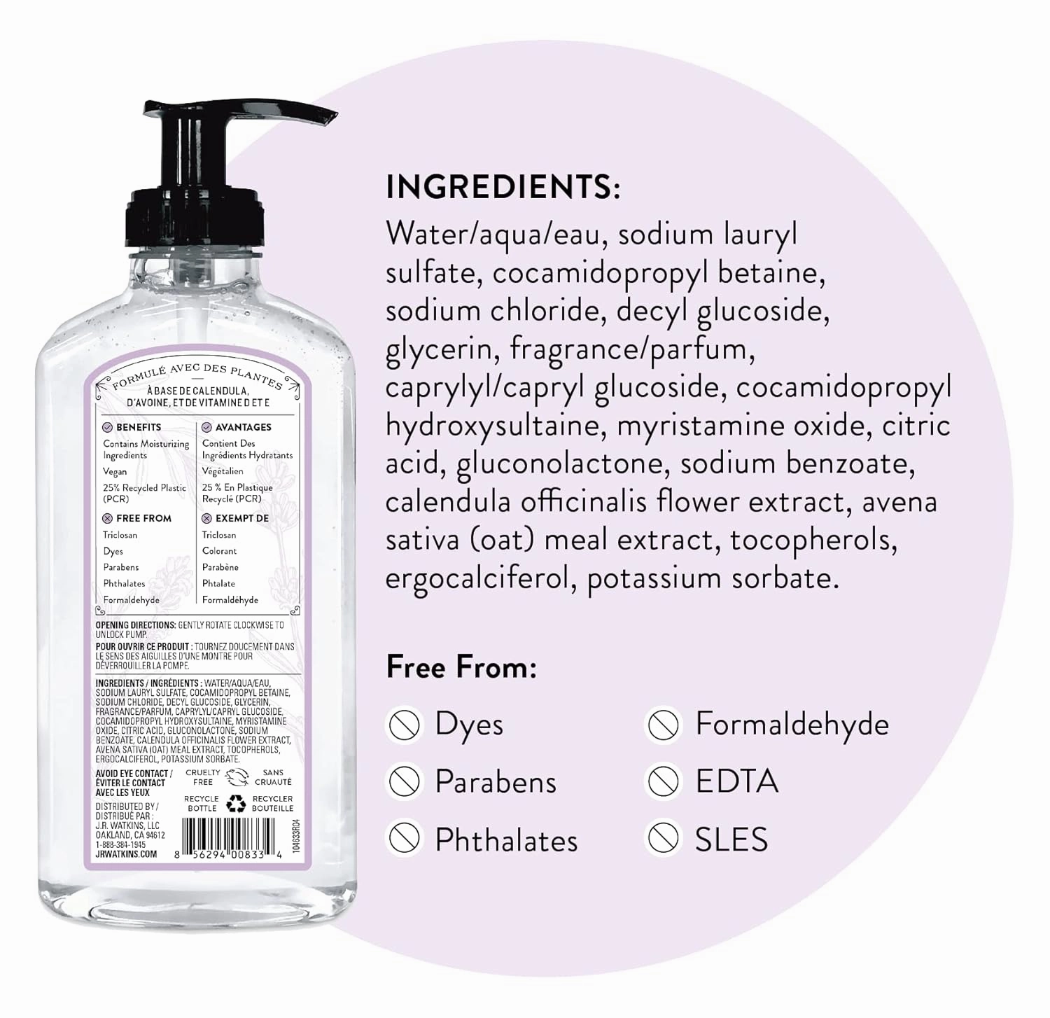 J.R. Watkins Gel Hand Soap, Scented Liquid Hand Wash for Bathroom or?Kitchen, USA Made and Cruelty Free, 11 fl oz, Lavender, 6 Pack