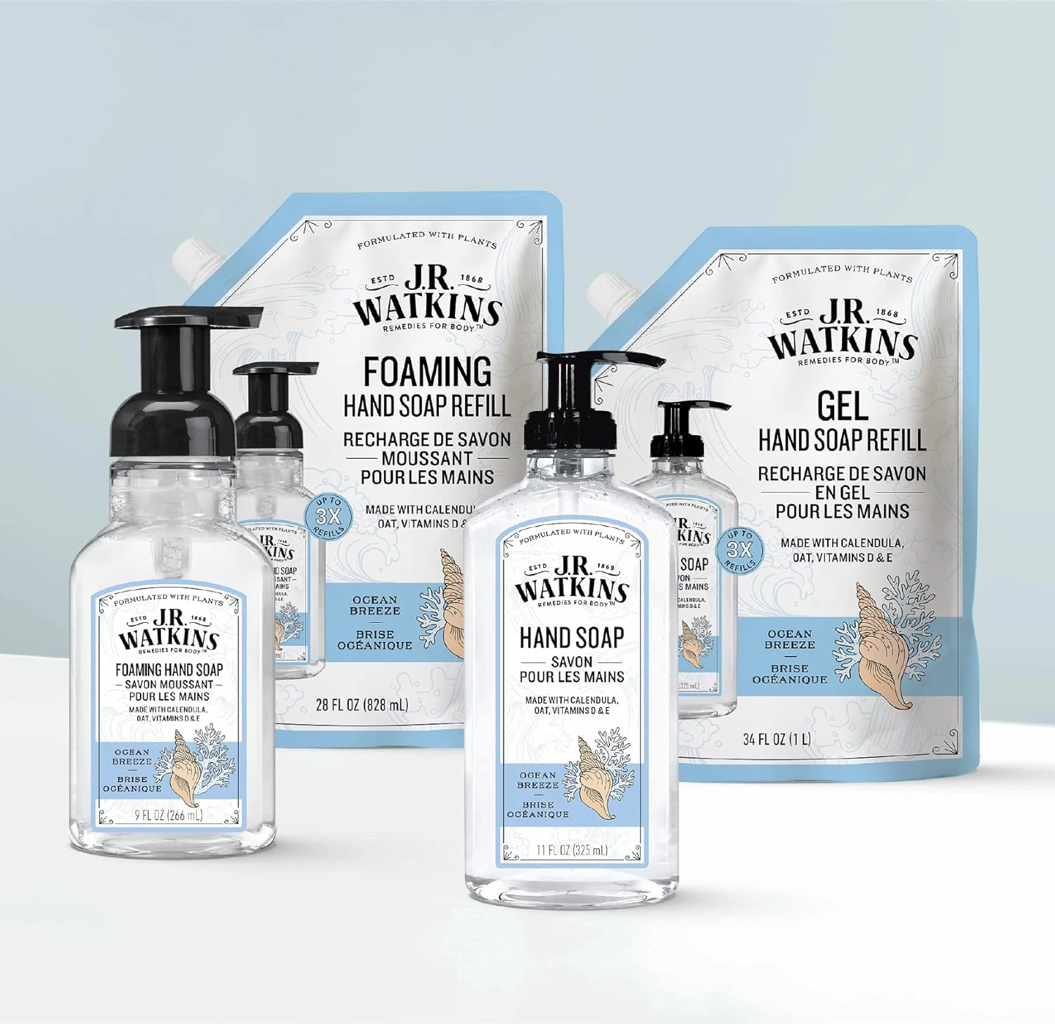 J.R. Watkins Gel Hand Soap, Scented Liquid Hand Wash for Bathroom or Kitchen, USA Made and Cruelty Free, 11 fl oz, Ocean Breeze, 3 Pack