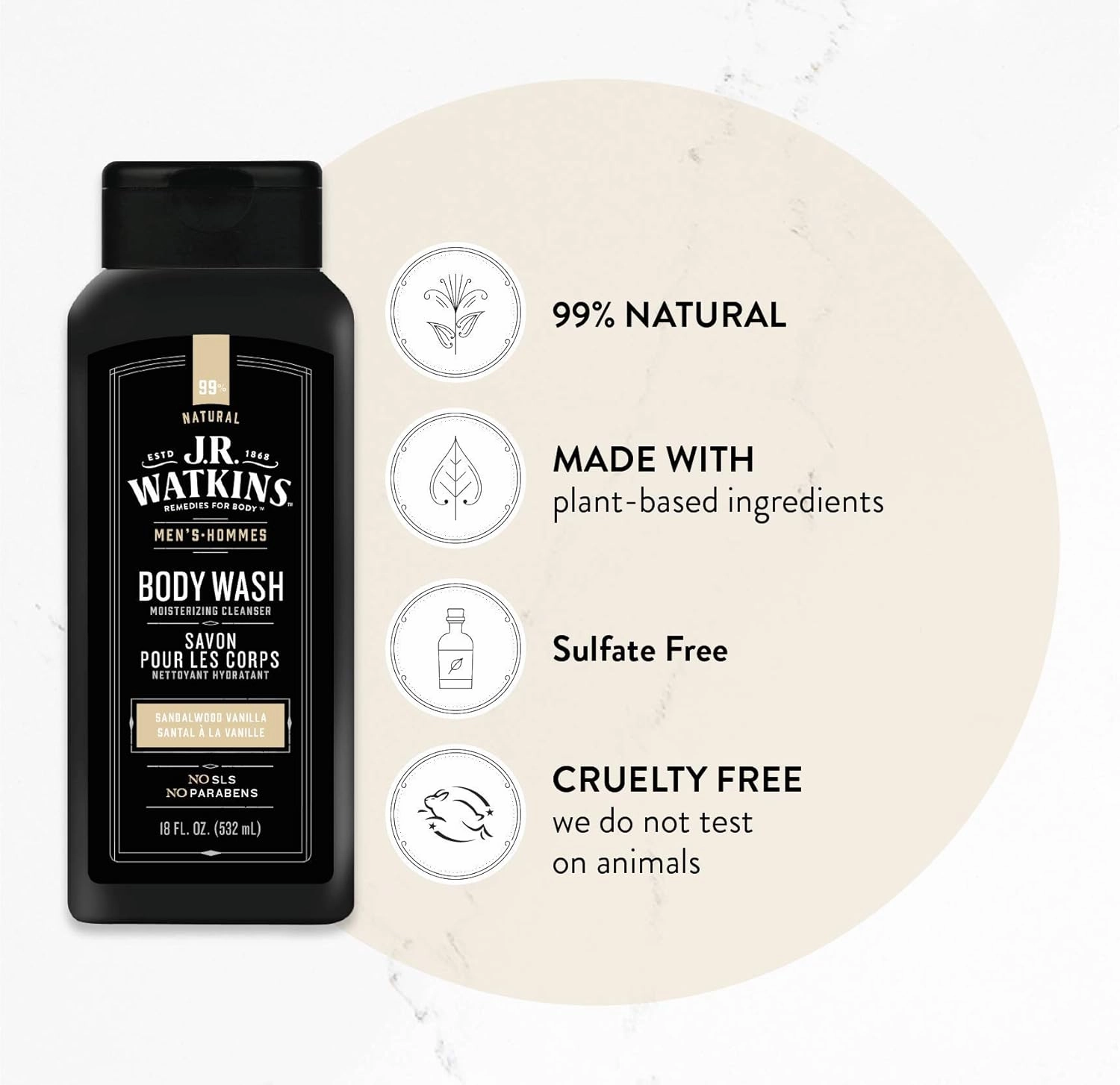 J.R. Watkins Natural Daily Moisturizing Body Wash, Hydrating Shower Gel for Men and Women, Free of SLS, USA Made and Cruelty Free, Sandalwood Vanilla, 18 fl oz, 6 Pack