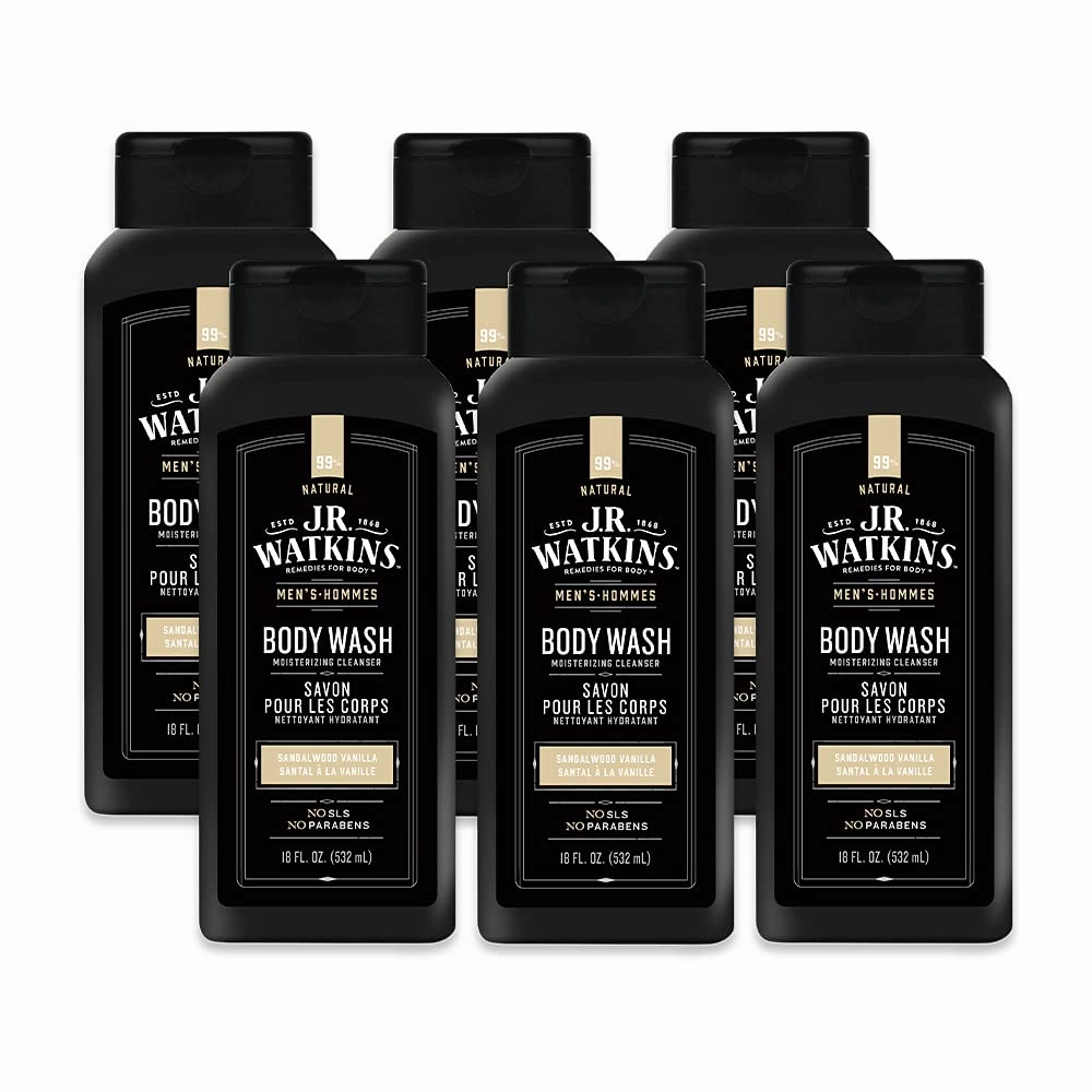 J.R. Watkins Natural Daily Moisturizing Body Wash, Hydrating Shower Gel for Men and Women, Free of SLS, USA Made and Cruelty Free, Sandalwood Vanilla, 18 fl oz, 6 Pack