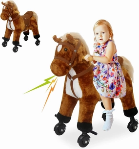 J-Sun-7 Baby Rocking Horse - Ride on Horse Toy, Plush Ride on Pony, Rideable Horse with Wheels and Realistic Sounds, for Girls and Boys, Brown