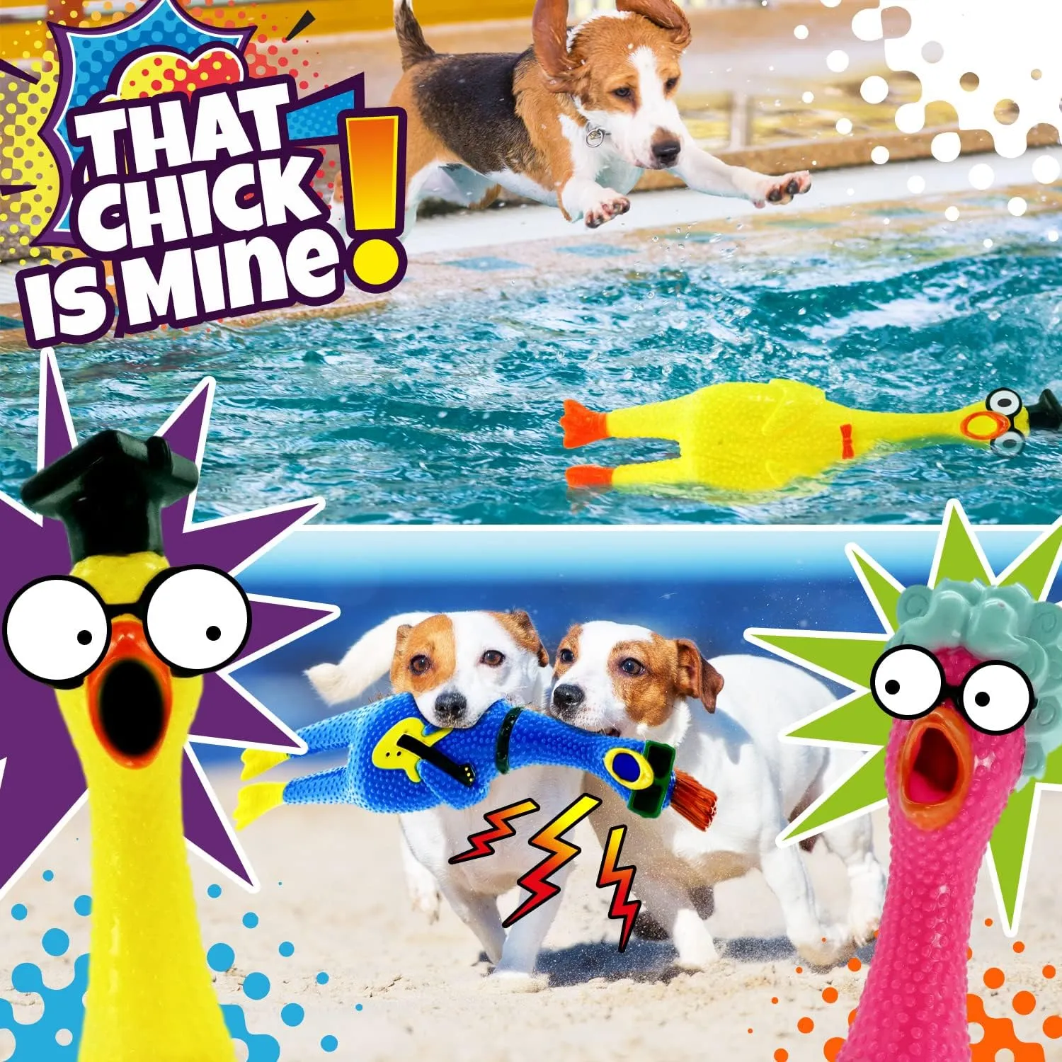 JA-RU Screaming Rubber Chicken Toy (3 Chickens Assorted) Squishy Chicken Toys for Kids. Funny Noise Maker Prank & Gag Gifts. Sensory Stress Relief Toy. Rubber Dog Toys. 1704-3s