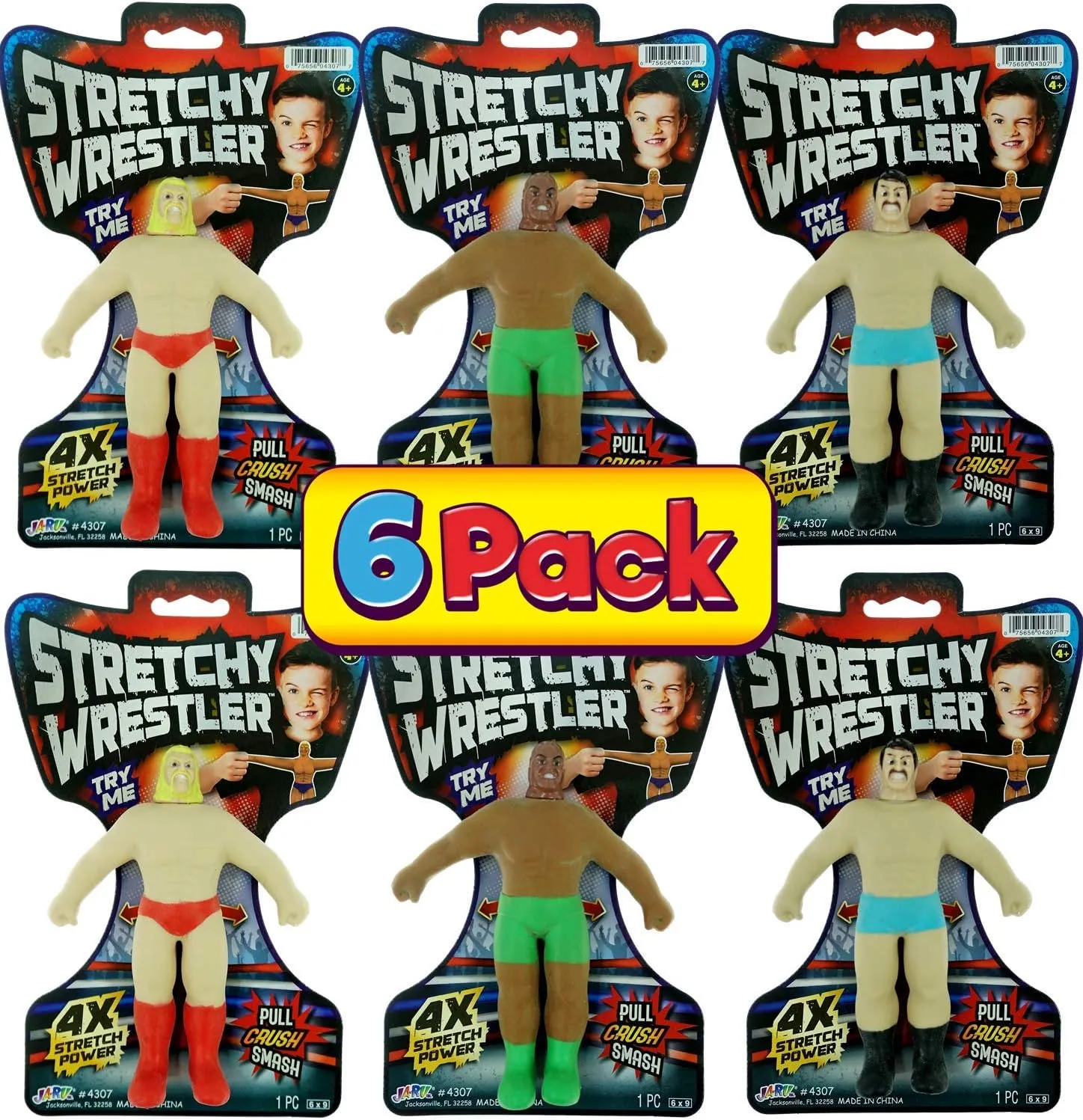 JA-RU Super Stretchy Wrestlers (6 Toys) Classic Retro Squishy Action Figures for Kids, Boys. Strong Man Stretch & Pull Stress Relief Fidget Toy. Party Favors. 4307-6s