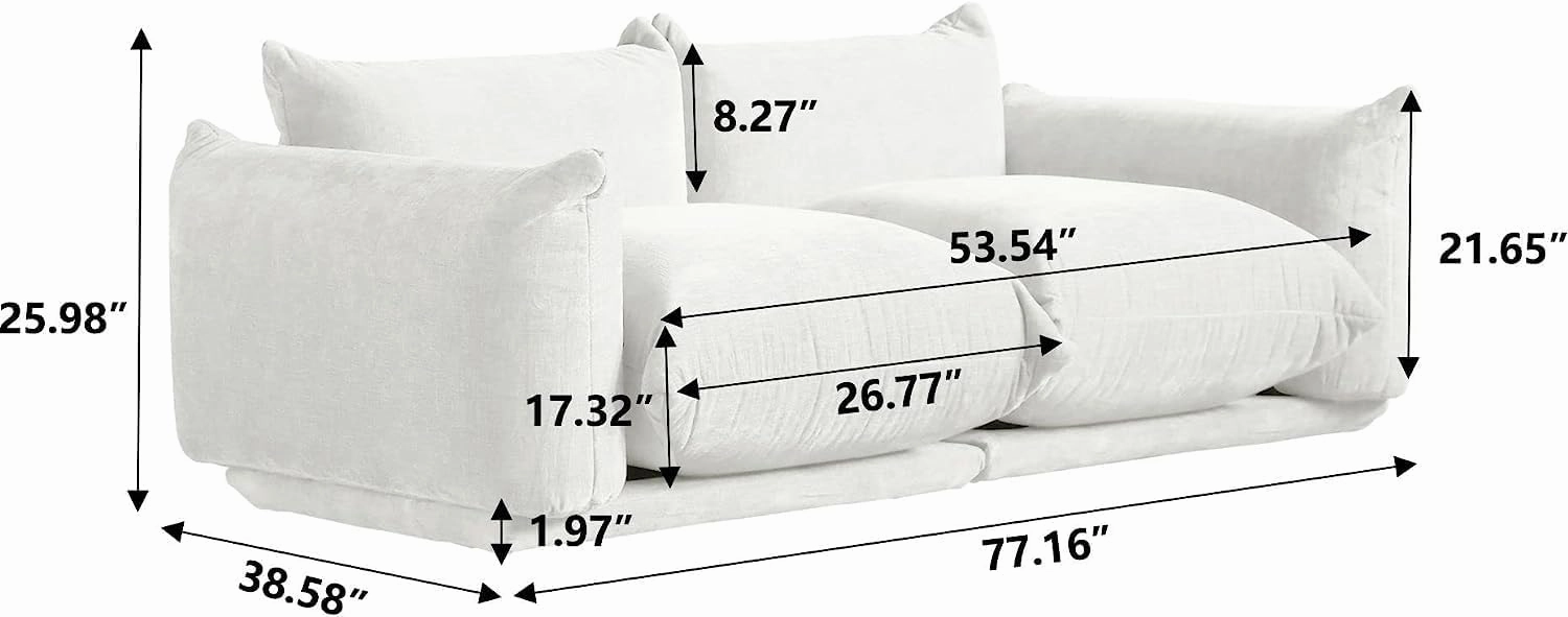 JACH Love Seat Chenille Couch, Mid-Century Sofa Deep Love Seat Couches with Thick Cushion, 77" Plush Sofas Furniture for Small Spaces Living Room Bedroom Office Apartment, White