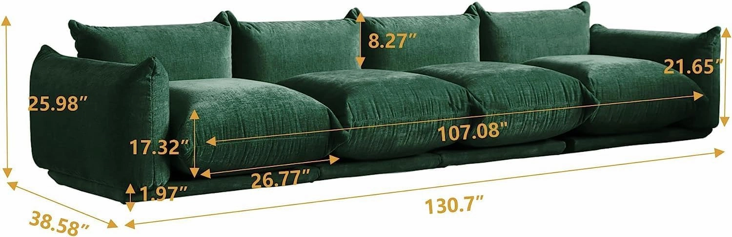 JACH Mid-Century Modern Large 4 Seater Couch, Chenille Sectional Sofa 4 Seats Modular Couches with Thick Cushion, 130" Plush Sofas Furniture for Living Room Bedroom Office Apartment, Green