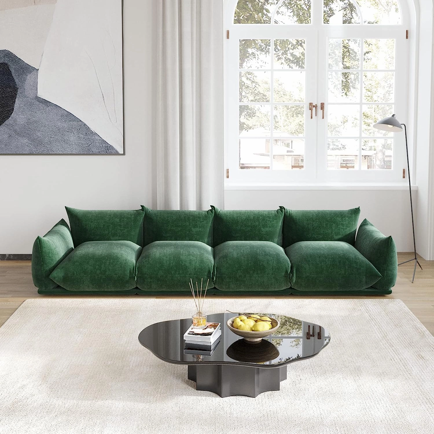 JACH Mid-Century Modern Large 4 Seater Couch, Chenille Sectional Sofa 4 Seats Modular Couches with Thick Cushion, 130" Plush Sofas Furniture for Living Room Bedroom Office Apartment, Green