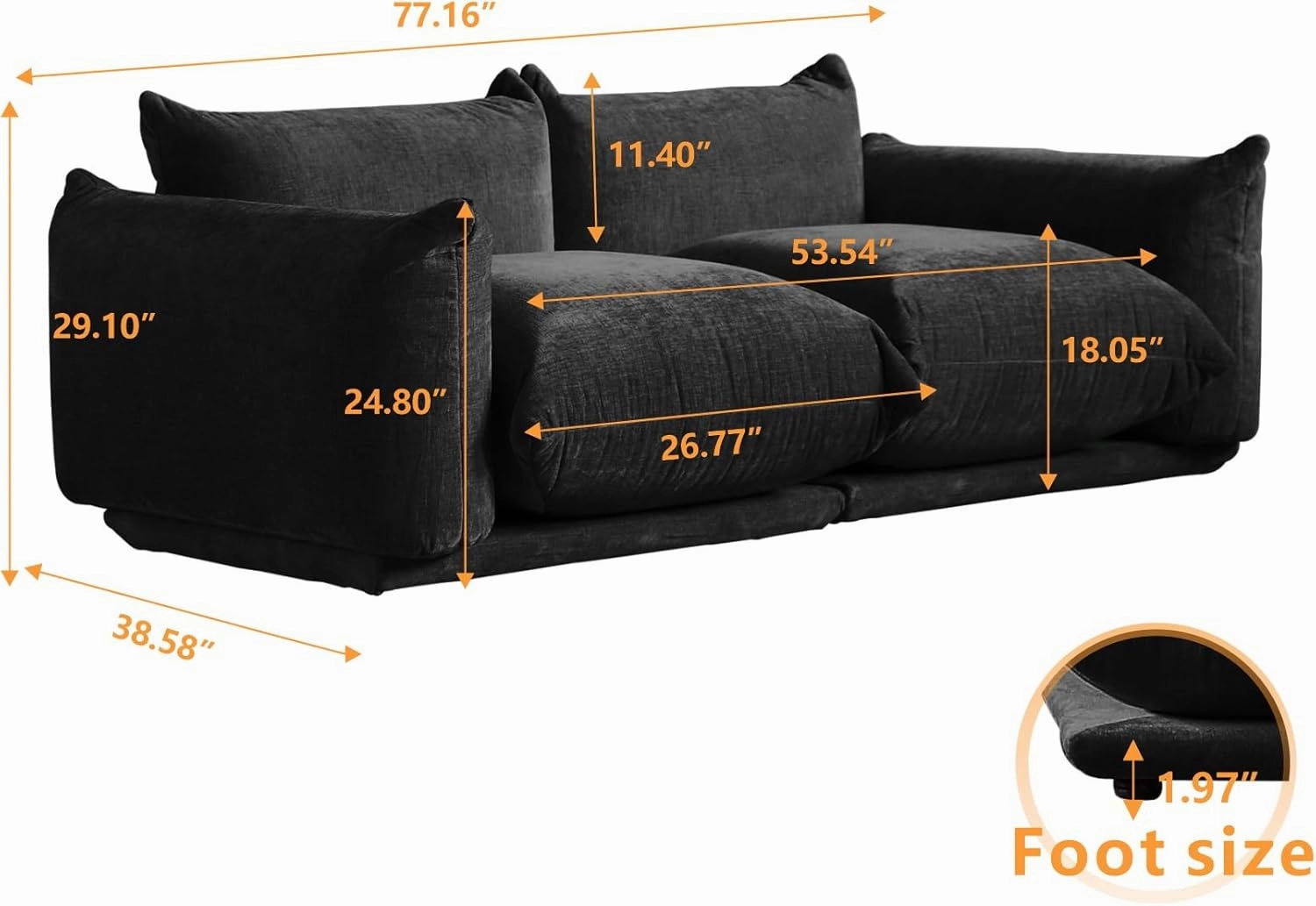 JACH Modern Love Seat Couch, Chenille Couch Deep LoveSeat Couches with Thick Cushion, 77" Plush Sofas Furniture for Small Spaces, Living Room, Bedroom, Office, Apartment, Black