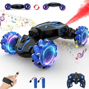 JAMIEWIN Remote Control Drift Car Toy, 4WD Gesture Sensing Stunt Car With Music Lights Sprayer, Double-Sided 360 Rotation Transform RC for Boys Ages 6-12 Blue