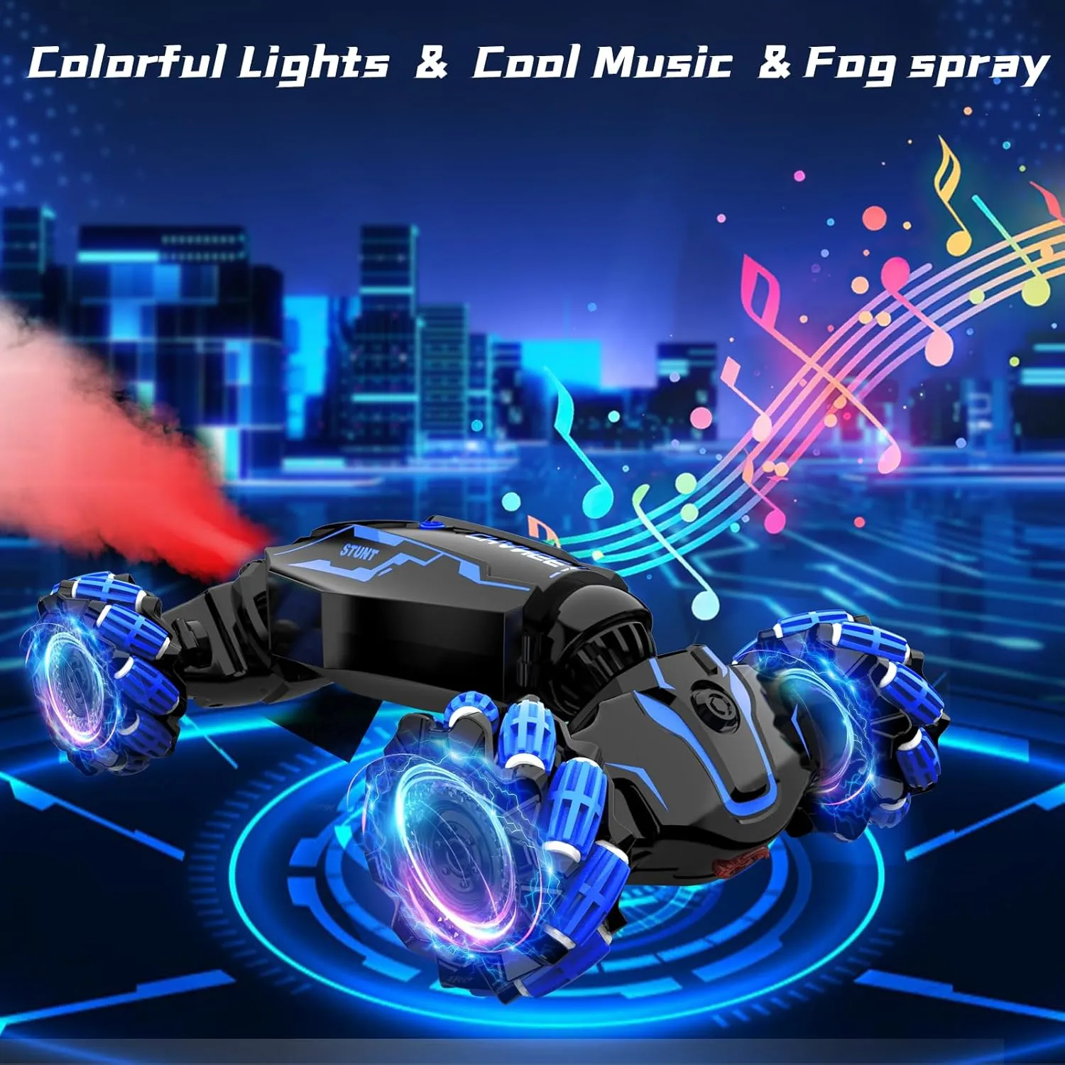 JAMIEWIN Remote Control Drift Car Toy, 4WD Gesture Sensing Stunt Car With Music Lights Sprayer, Double-Sided 360 Rotation Transform RC for Boys Ages 6-12 Blue