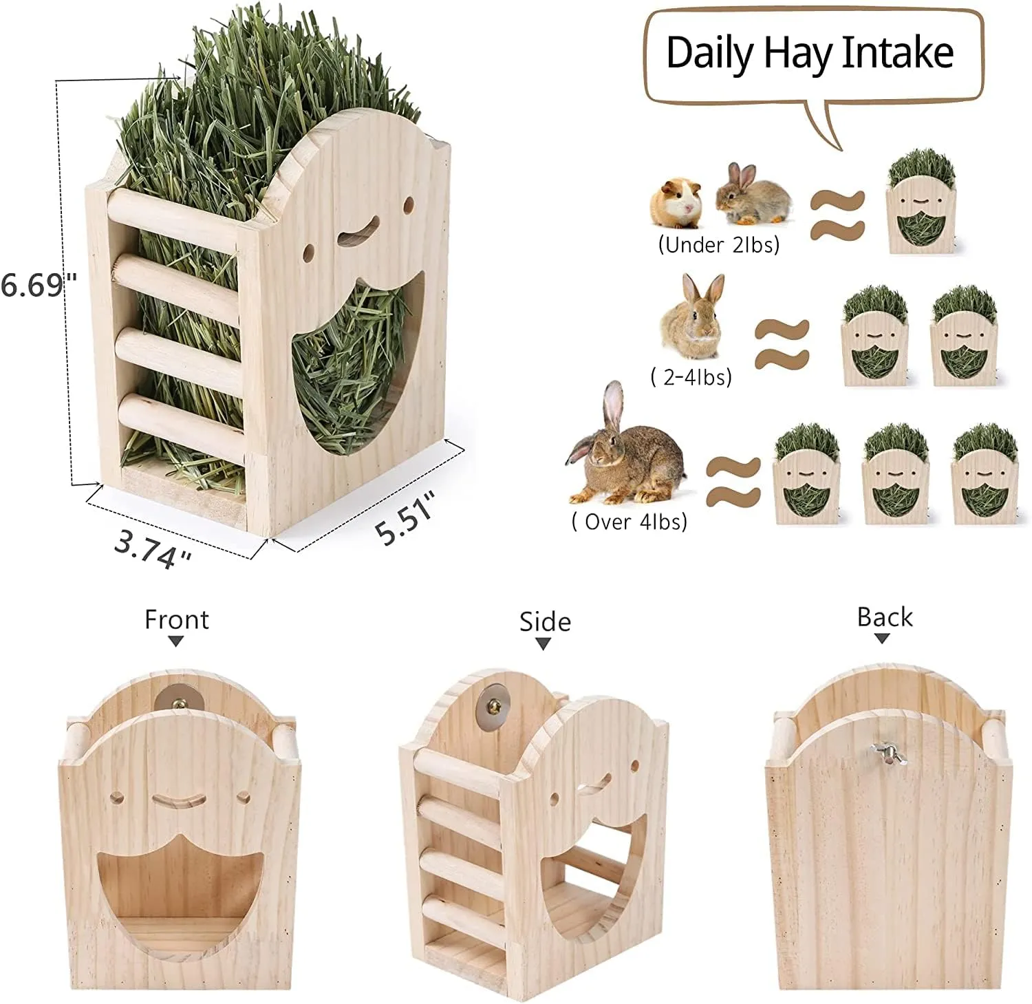 JanYoo Rabbit Hay Feeder Natural Wooden Hay Holder for Guinea Pigs Bunny Cage Rabbit Hay Dispenser Hanging