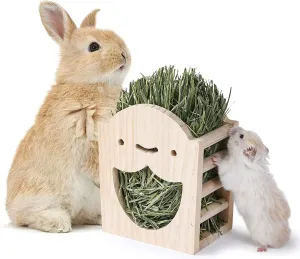 JanYoo Rabbit Hay Feeder Natural Wooden Hay Holder for Guinea Pigs Bunny Cage Rabbit Hay Dispenser Hanging