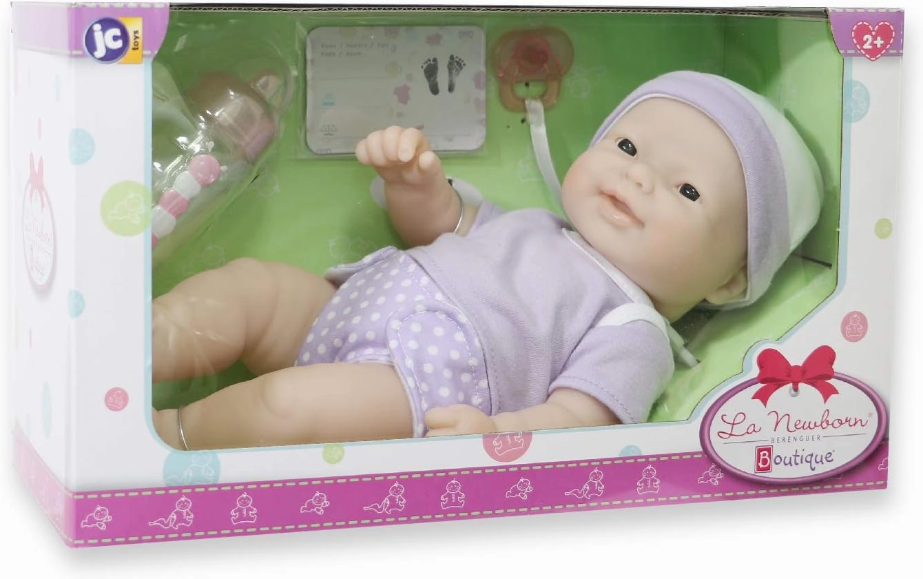 JC Toys - La Newborn Nursery | 7 Piece Doll Gift Set | 12" Life-Like Asian Doll with Accessories | Purple | Ages 2  (18346)