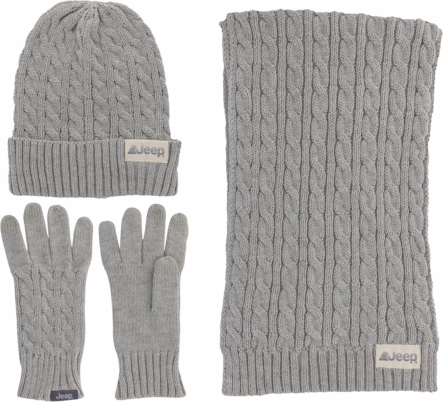 Jeep Women's 3 Piece Cable Knit Scarf, Beanie, and Gloves Set - One Size Fits Most
