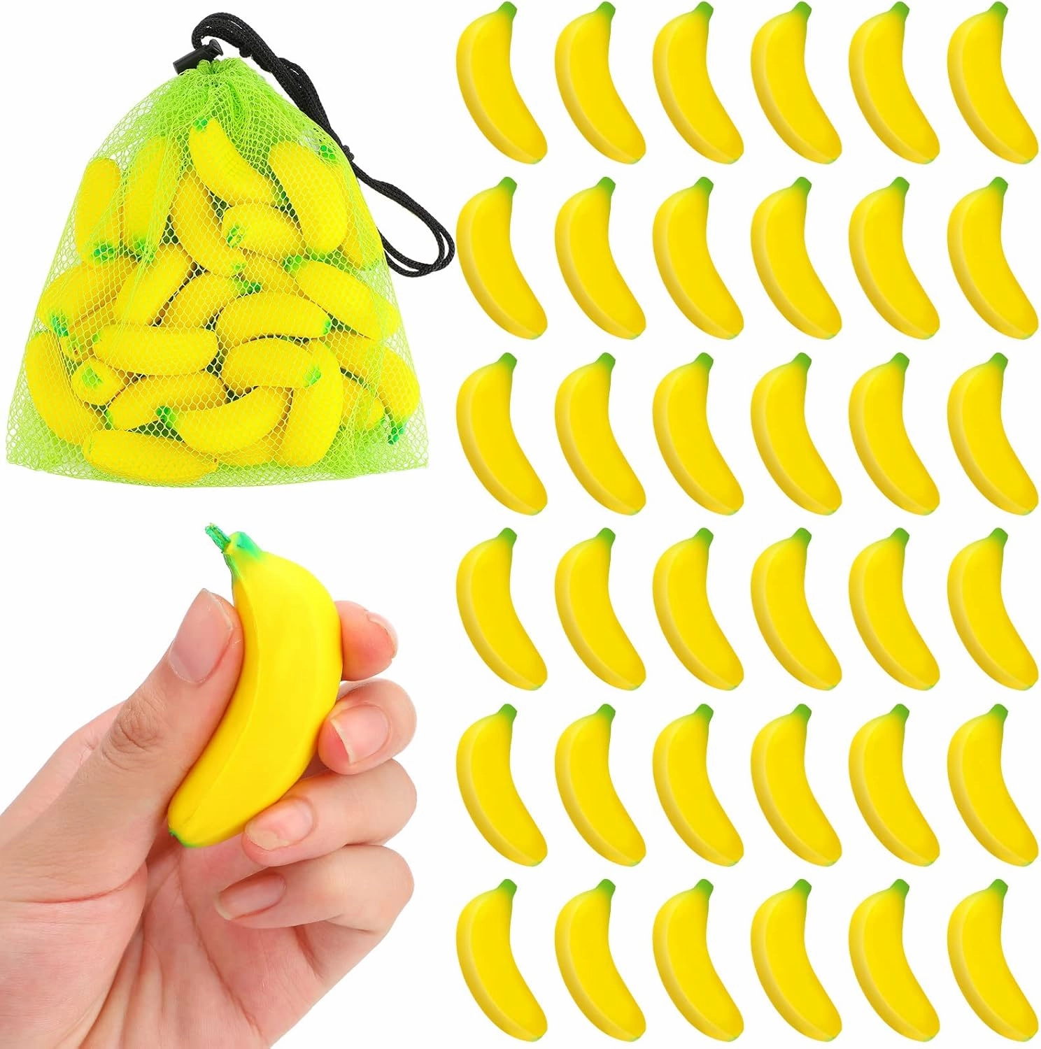 Jerify 37 Pieces Mini Banana Stress Toys Stress Relief Toys with Mesh Drawstring Bag PU Banana Stretchy Toy for Birthday Party Favors