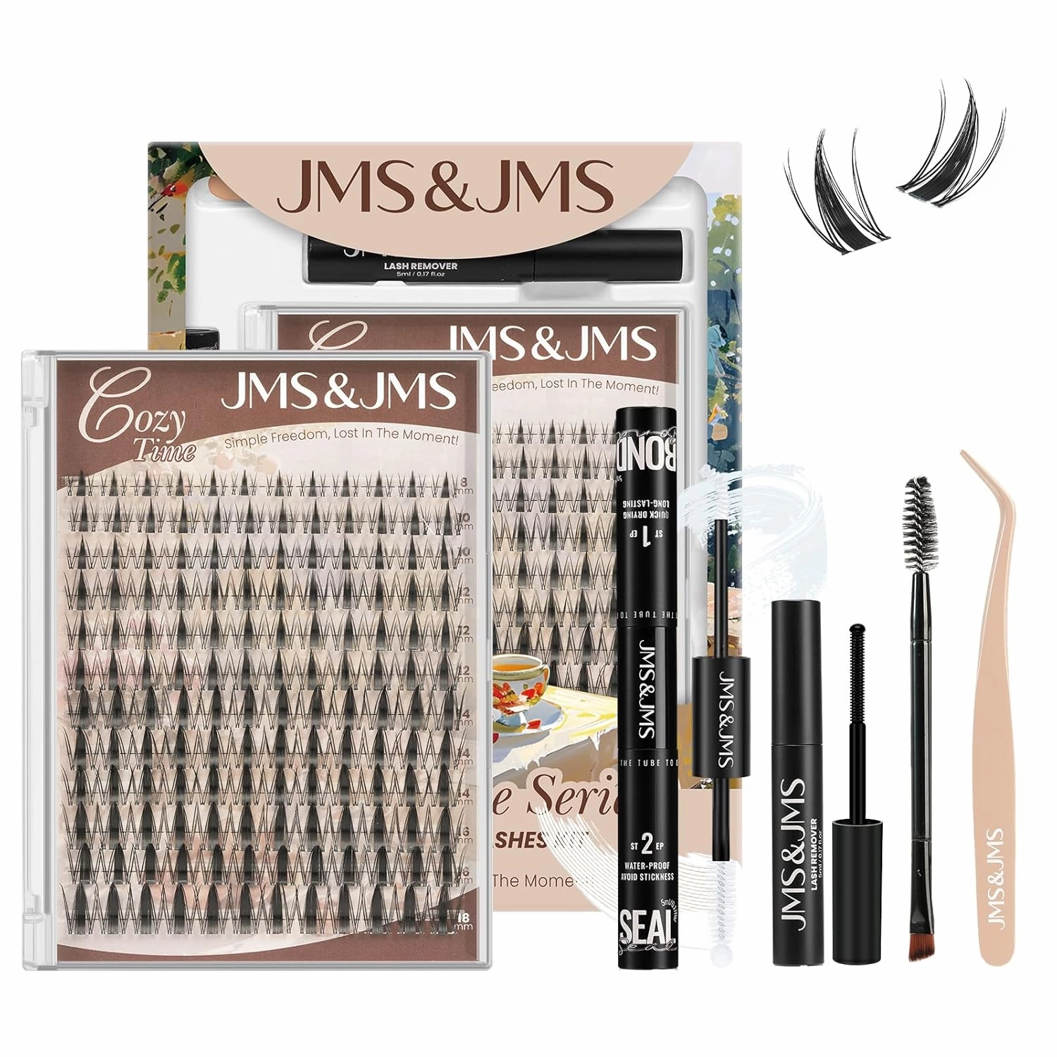 JMS&JMS Lash Clusters Kit 144 pcs Natural Cluster Lashes Invisible Band Manga Lashes with Lash Bond and Seal Eyelash Applictor Lash Remover Lash Extension Kit for Beginner (Fairy-8-18mix)