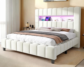 Jocisland King Bed Frame with 51.2" Tall Headboard, LED Lights & Charging Station, Velvet Upholstered Platform, No Box Spring Required, Cream